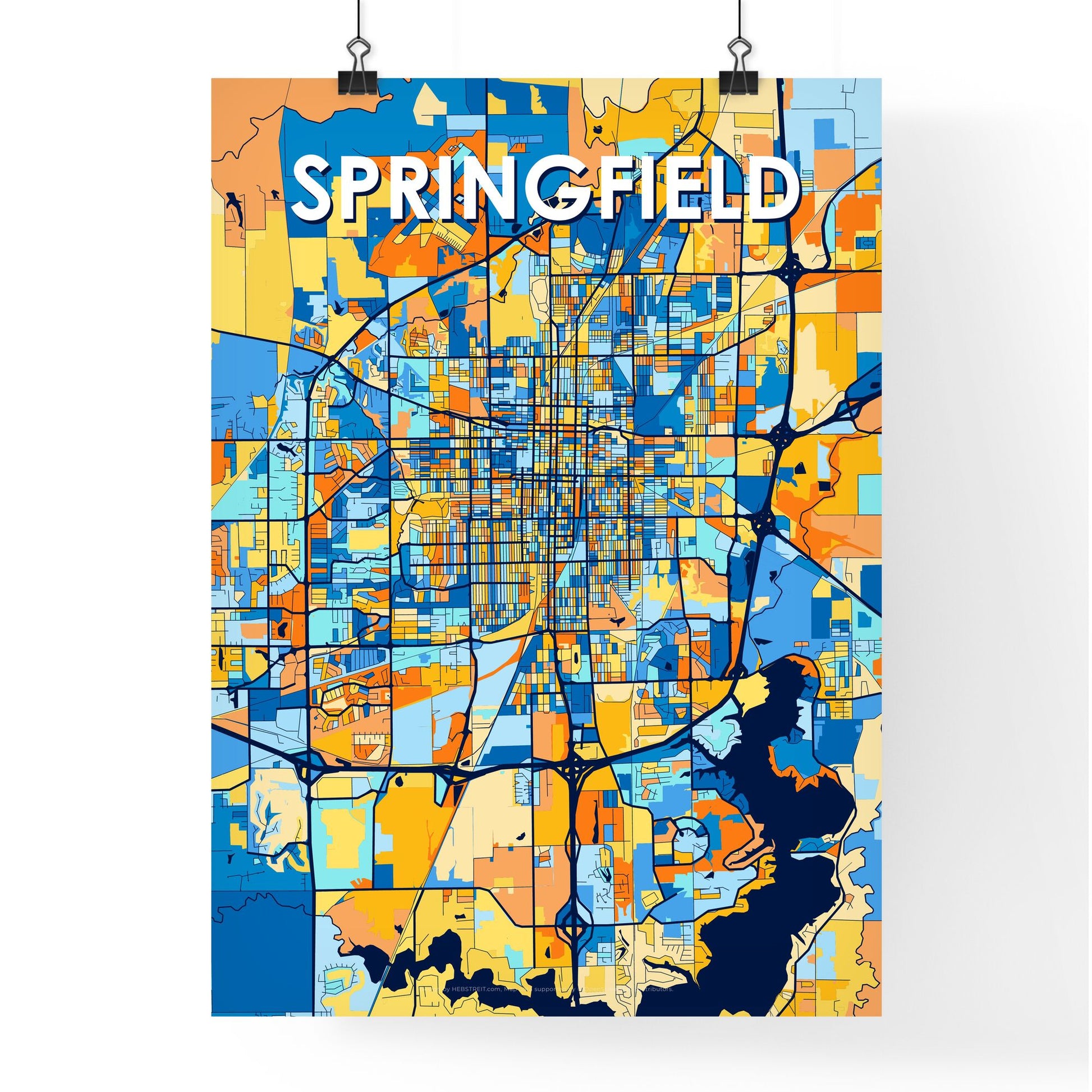 SPRINGFIELD ILLINOIS Vibrant Colorful Art Map Poster Blue Orange