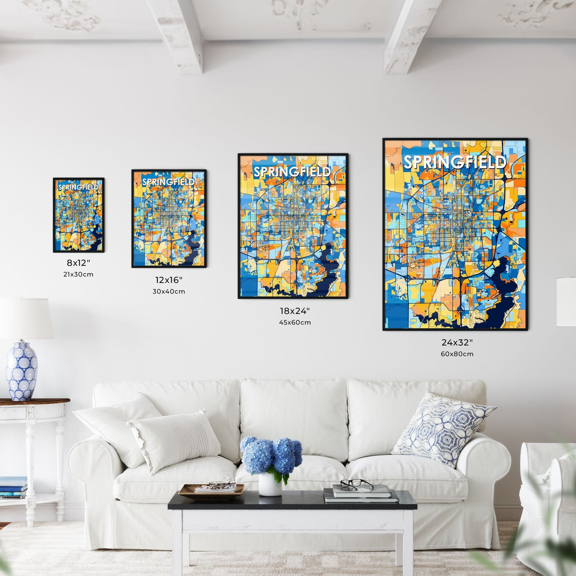 SPRINGFIELD ILLINOIS Vibrant Colorful Art Map Poster Blue Orange