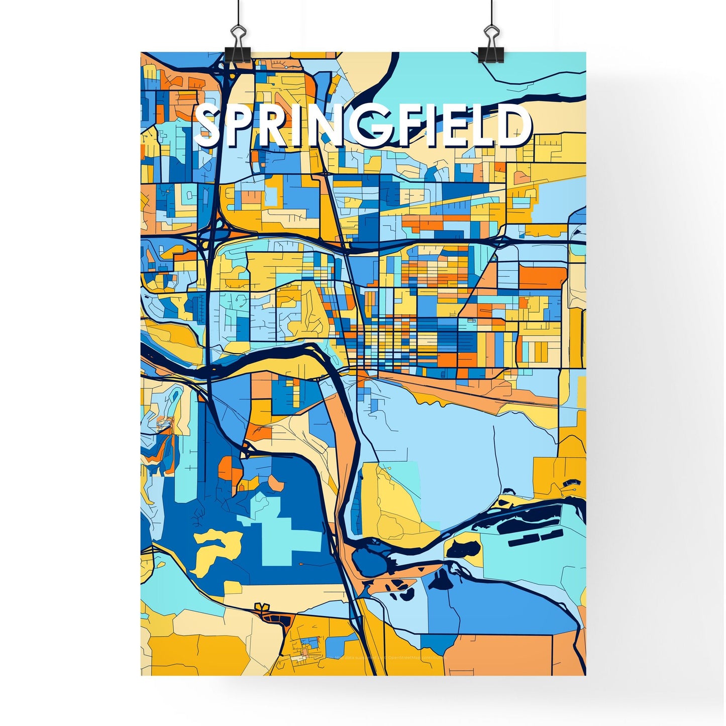 SPRINGFIELD OREGON Vibrant Colorful Art Map Poster Blue Orange