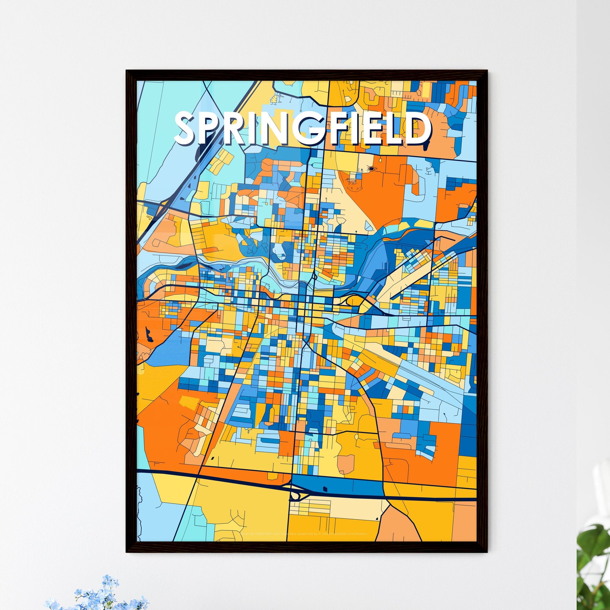 SPRINGFIELD OHIO Vibrant Colorful Art Map Poster Blue Orange