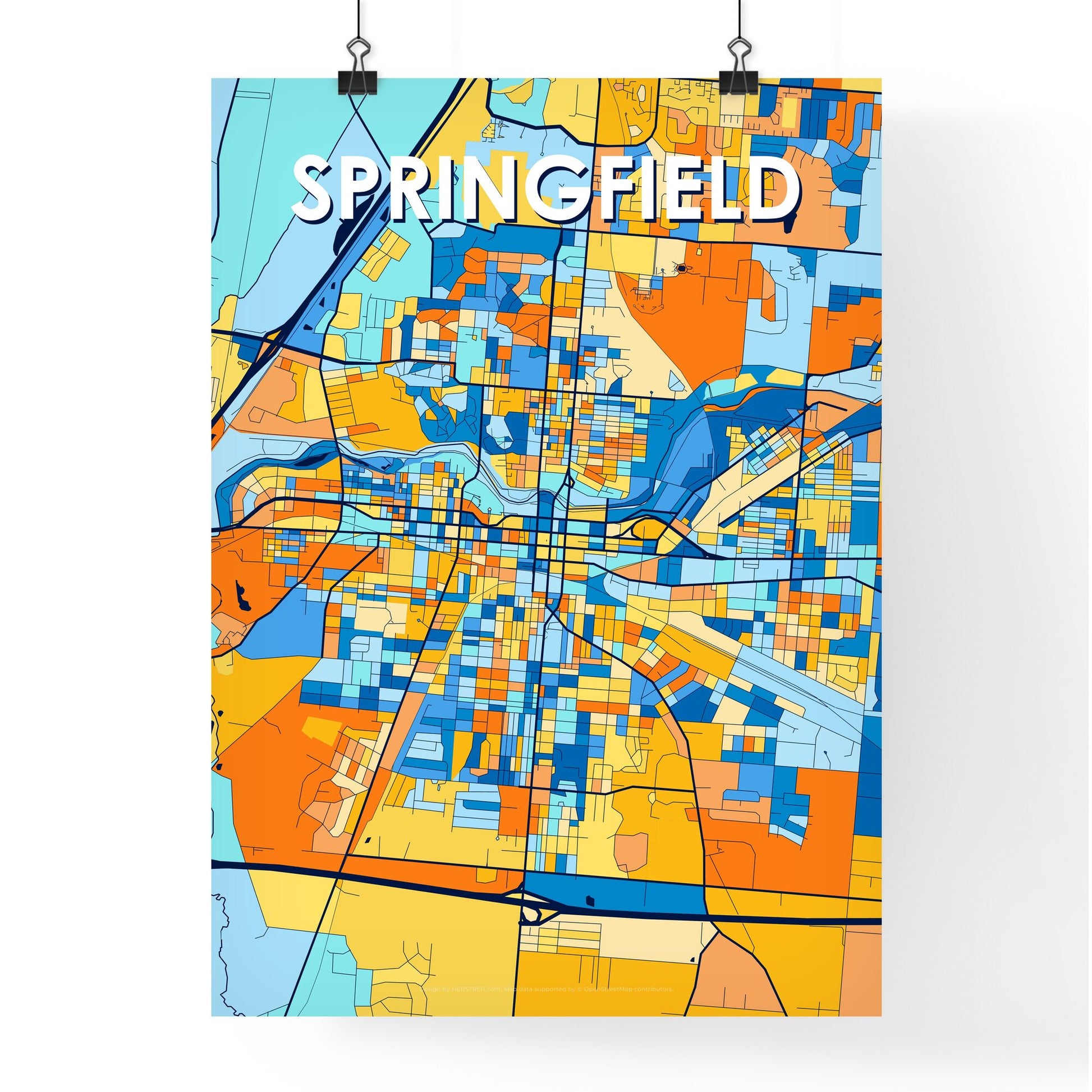 SPRINGFIELD OHIO Vibrant Colorful Art Map Poster Blue Orange