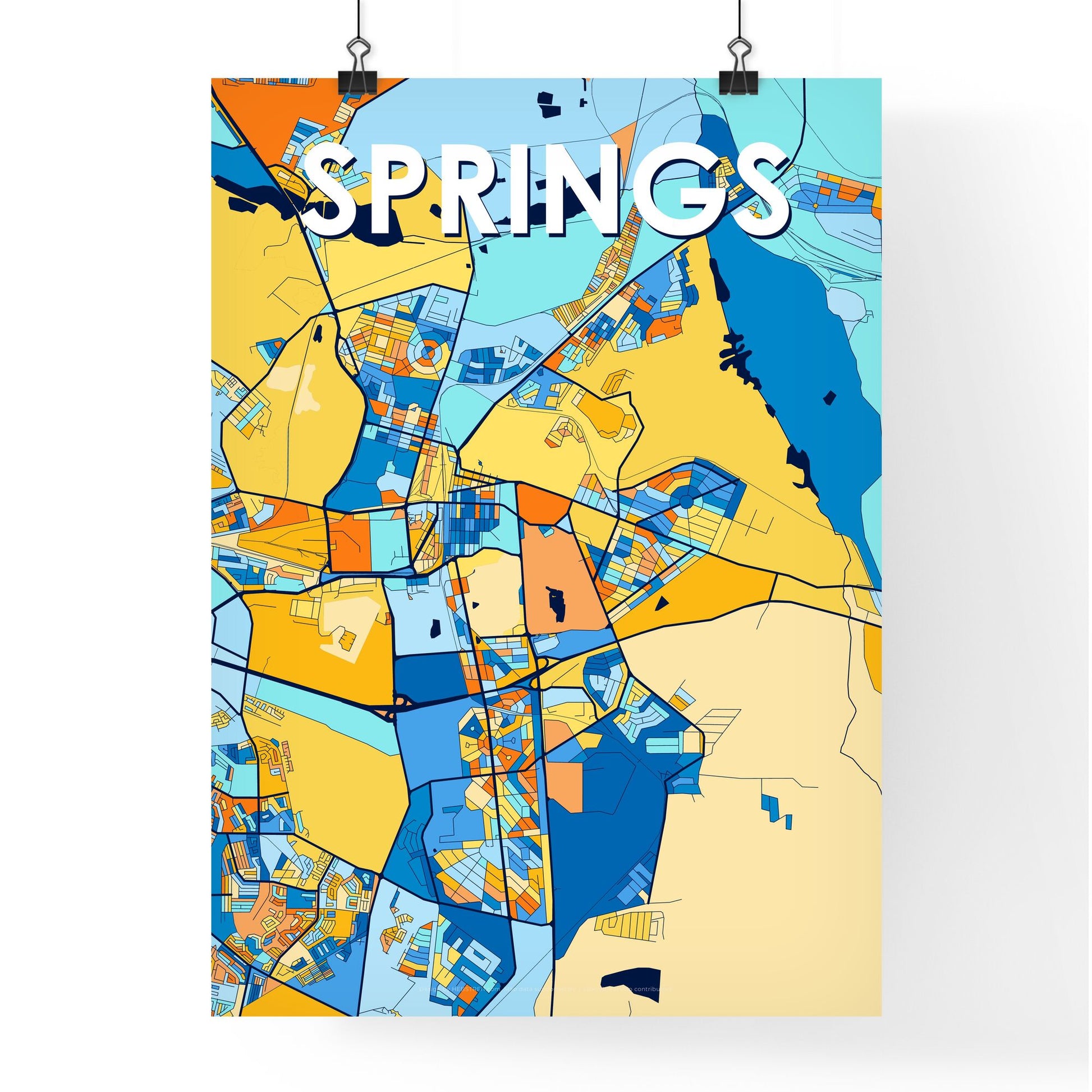 SPRINGS SOUTH AFRICA Vibrant Colorful Art Map Poster Blue Orange