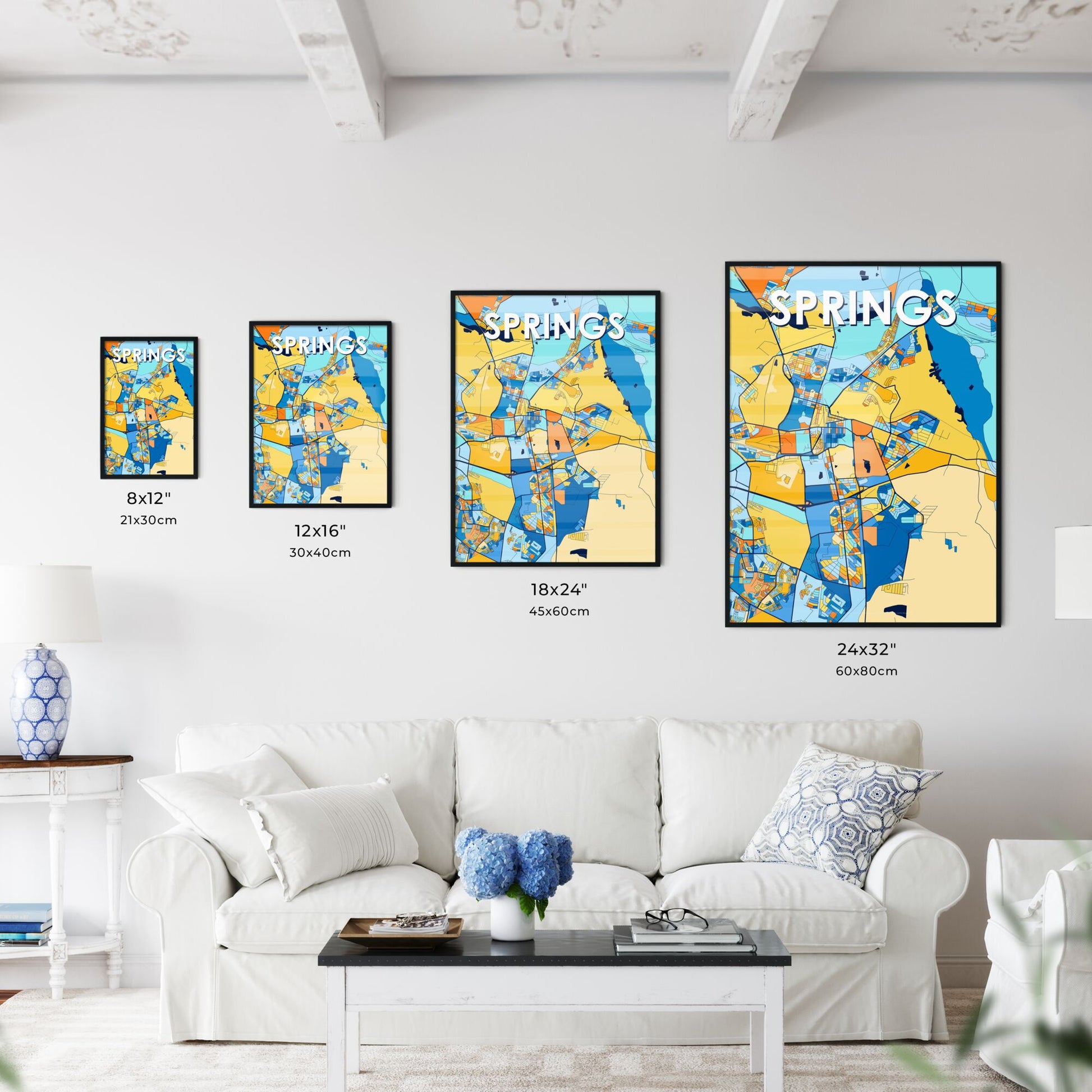 SPRINGS SOUTH AFRICA Vibrant Colorful Art Map Poster Blue Orange