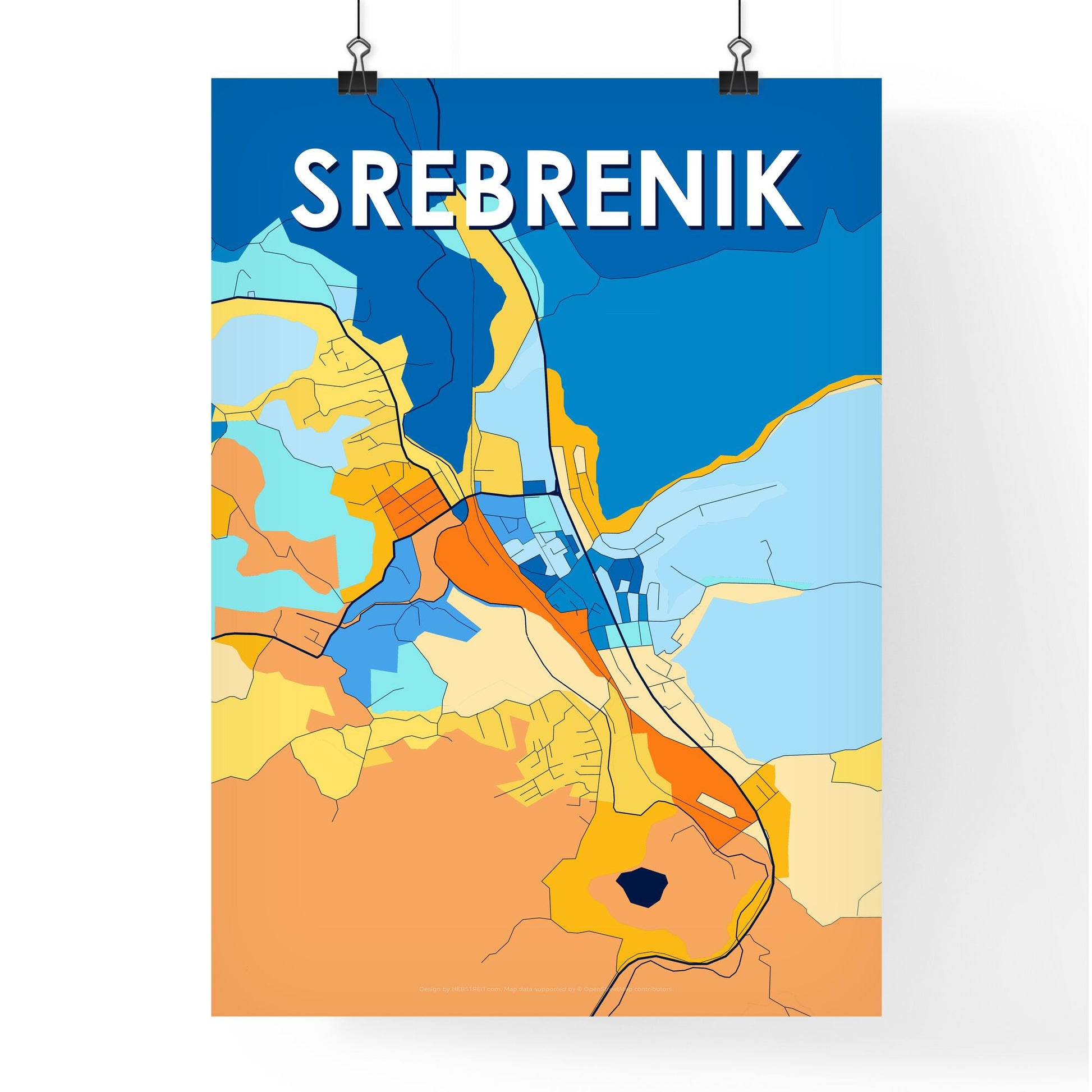 SREBRENIK BOSNIA AND HERZEGOVINA Vibrant Colorful Art Map Poster Blue Orange