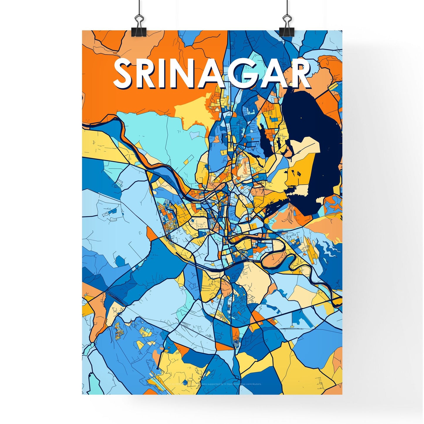 SRINAGAR INDIA Vibrant Colorful Art Map Poster Blue Orange