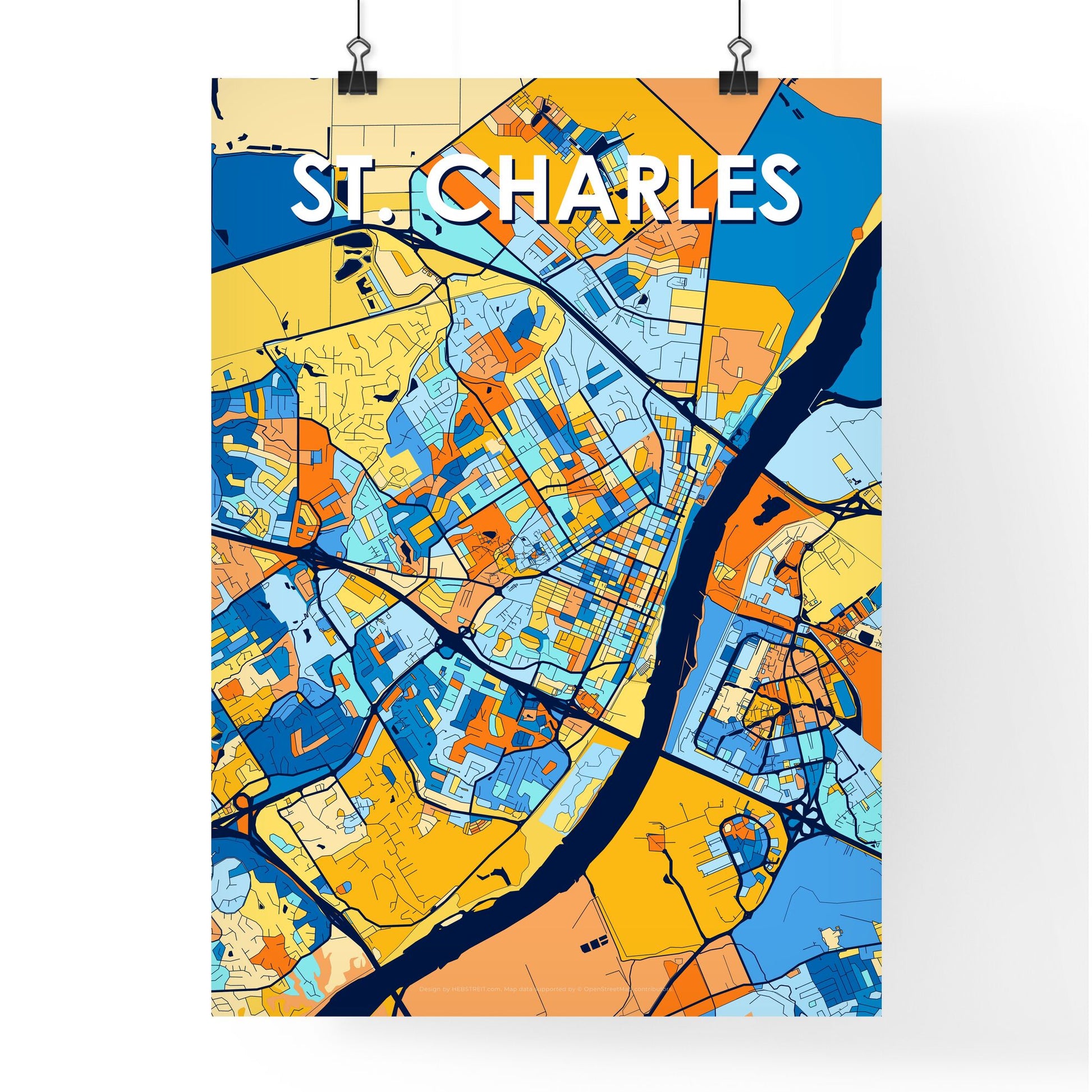 ST. CHARLES MISSOURI Vibrant Colorful Art Map Poster Blue Orange