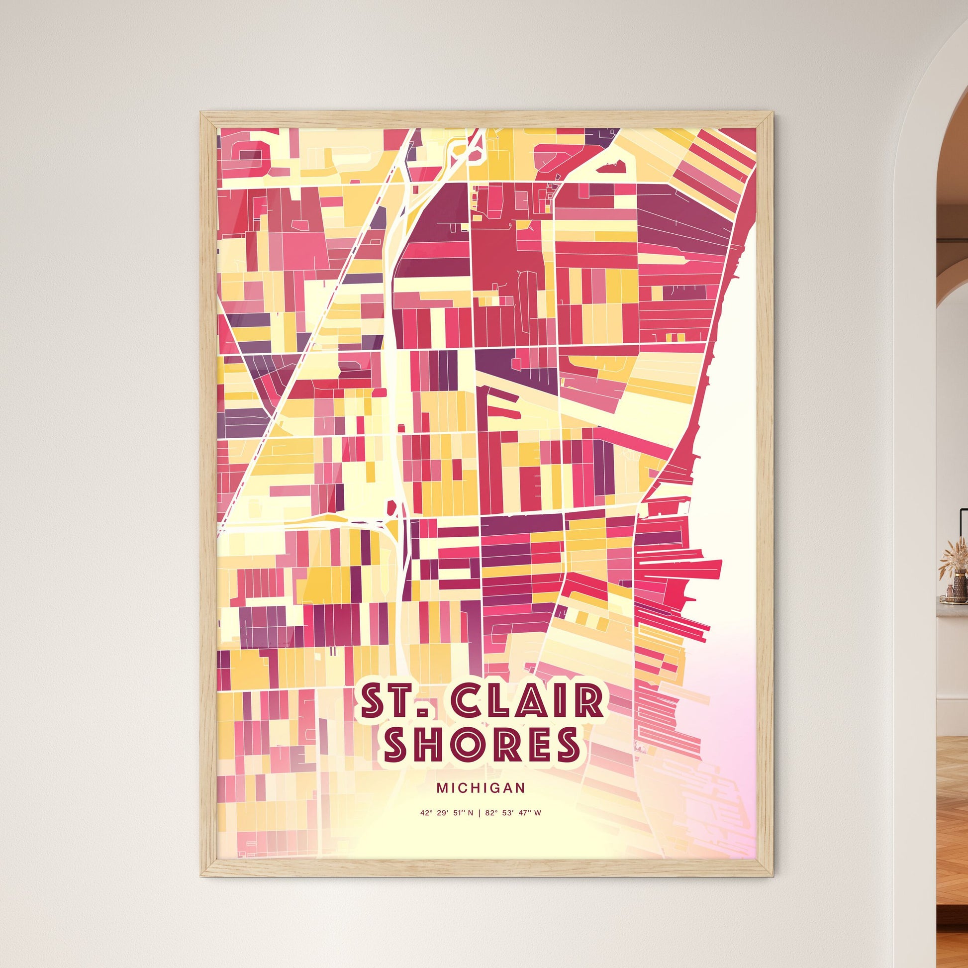 Colorful St. Clair Shores Michigan Fine Art Map Hot Red