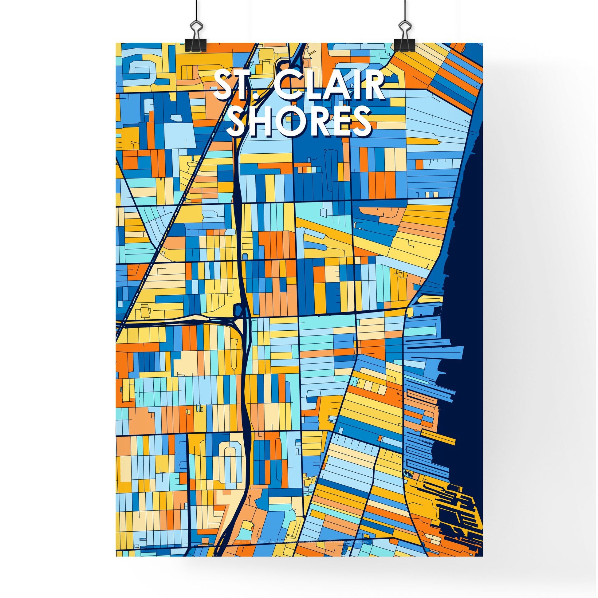 ST. CLAIR SHORES MICHIGAN Vibrant Colorful Art Map Poster Blue Orange