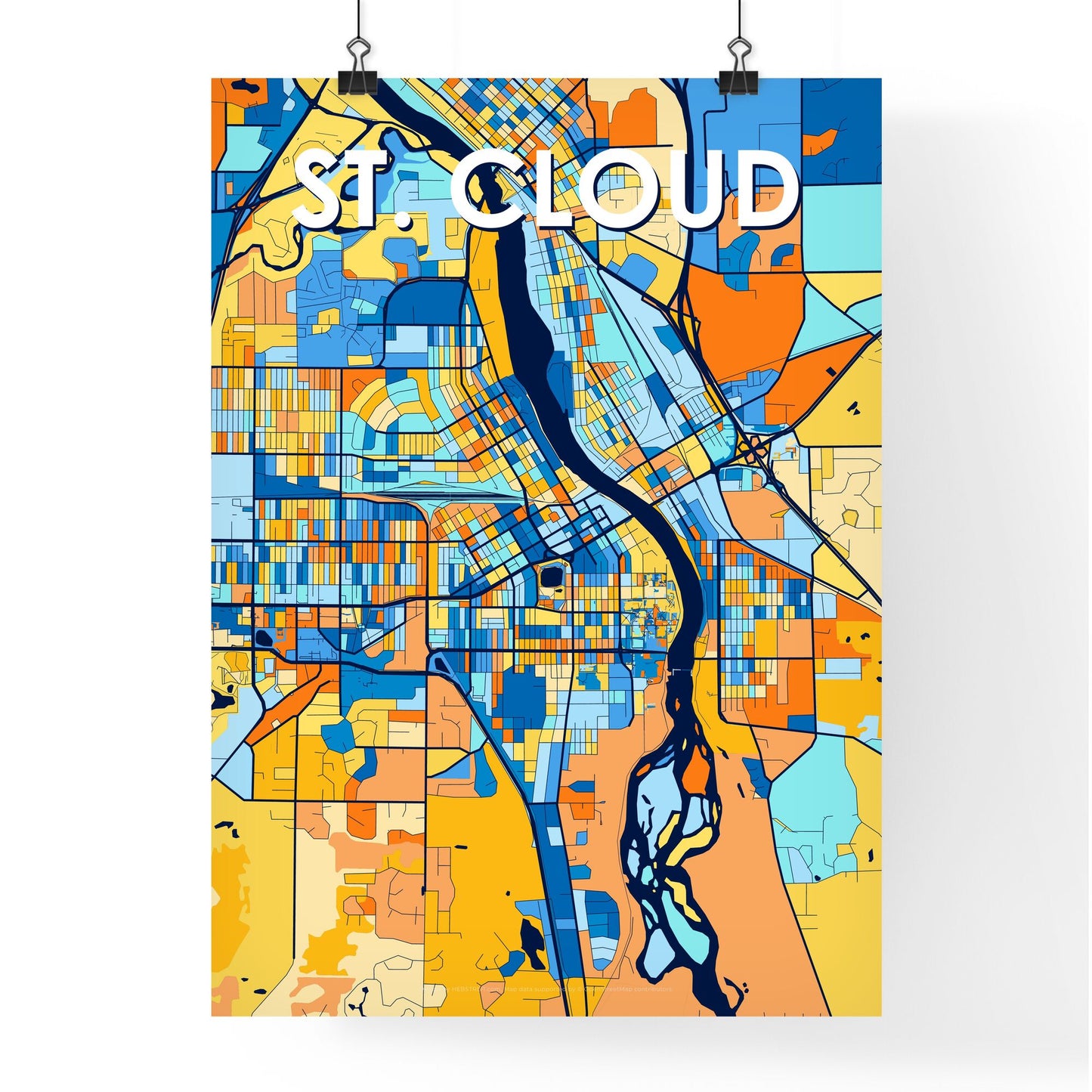 ST. CLOUD MINNESOTA Vibrant Colorful Art Map Poster Blue Orange