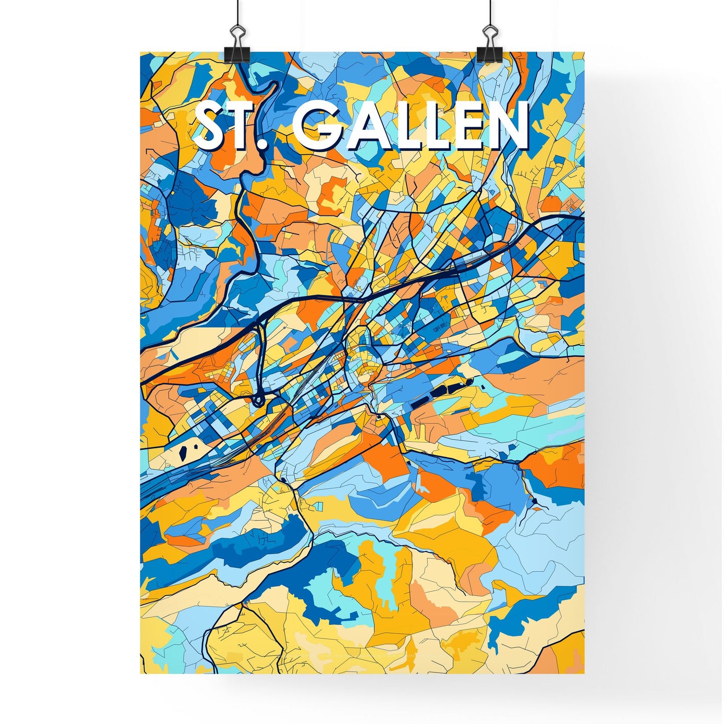 ST. GALLEN SWITZERLAND Vibrant Colorful Art Map Poster Blue Orange