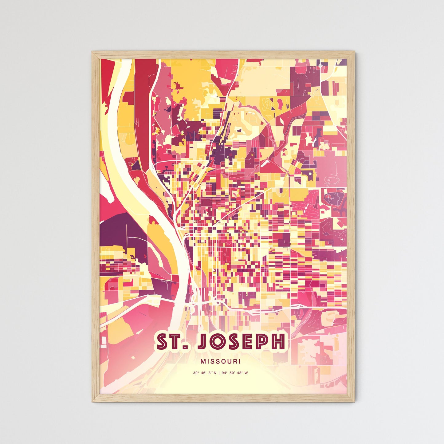 Colorful St. Joseph Missouri Fine Art Map Hot Red