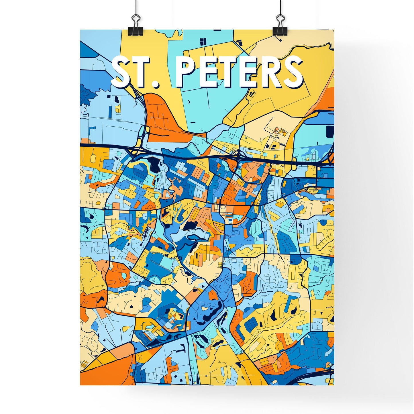 ST. PETERS MISSOURI Vibrant Colorful Art Map Poster Blue Orange