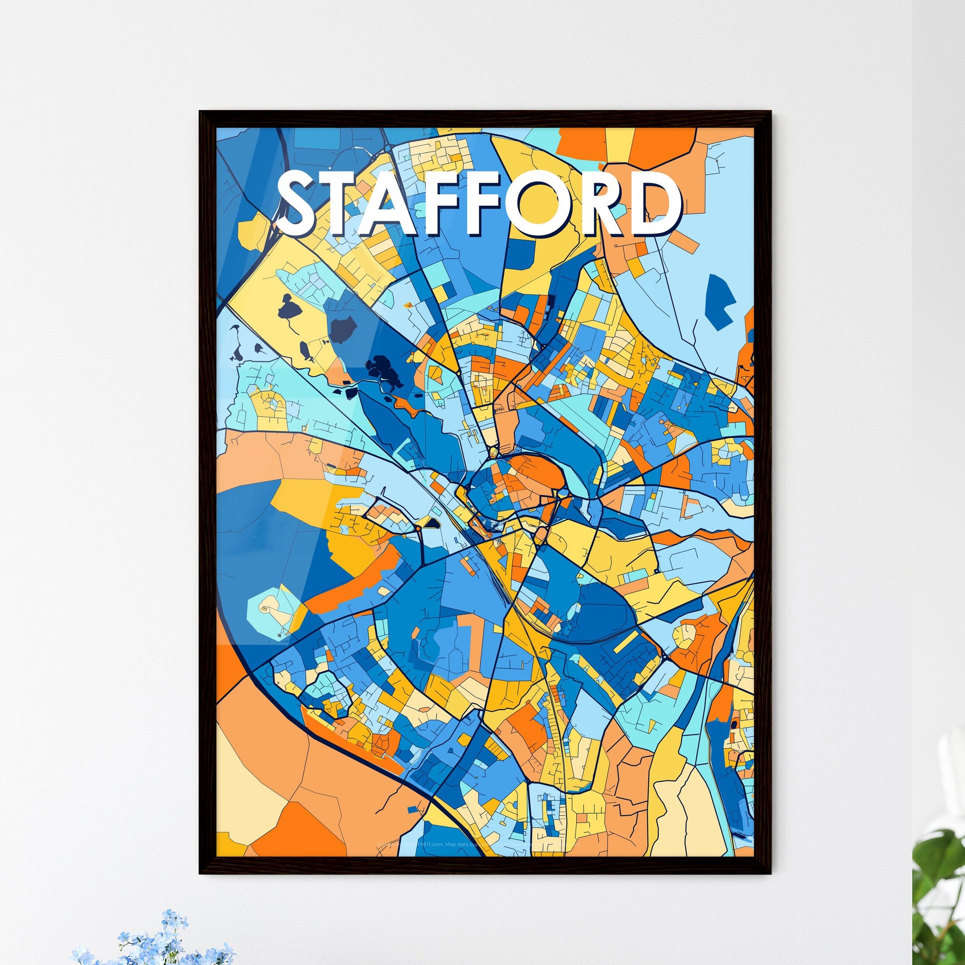 STAFFORD ENGLAND Vibrant Colorful Art Map Poster Blue Orange