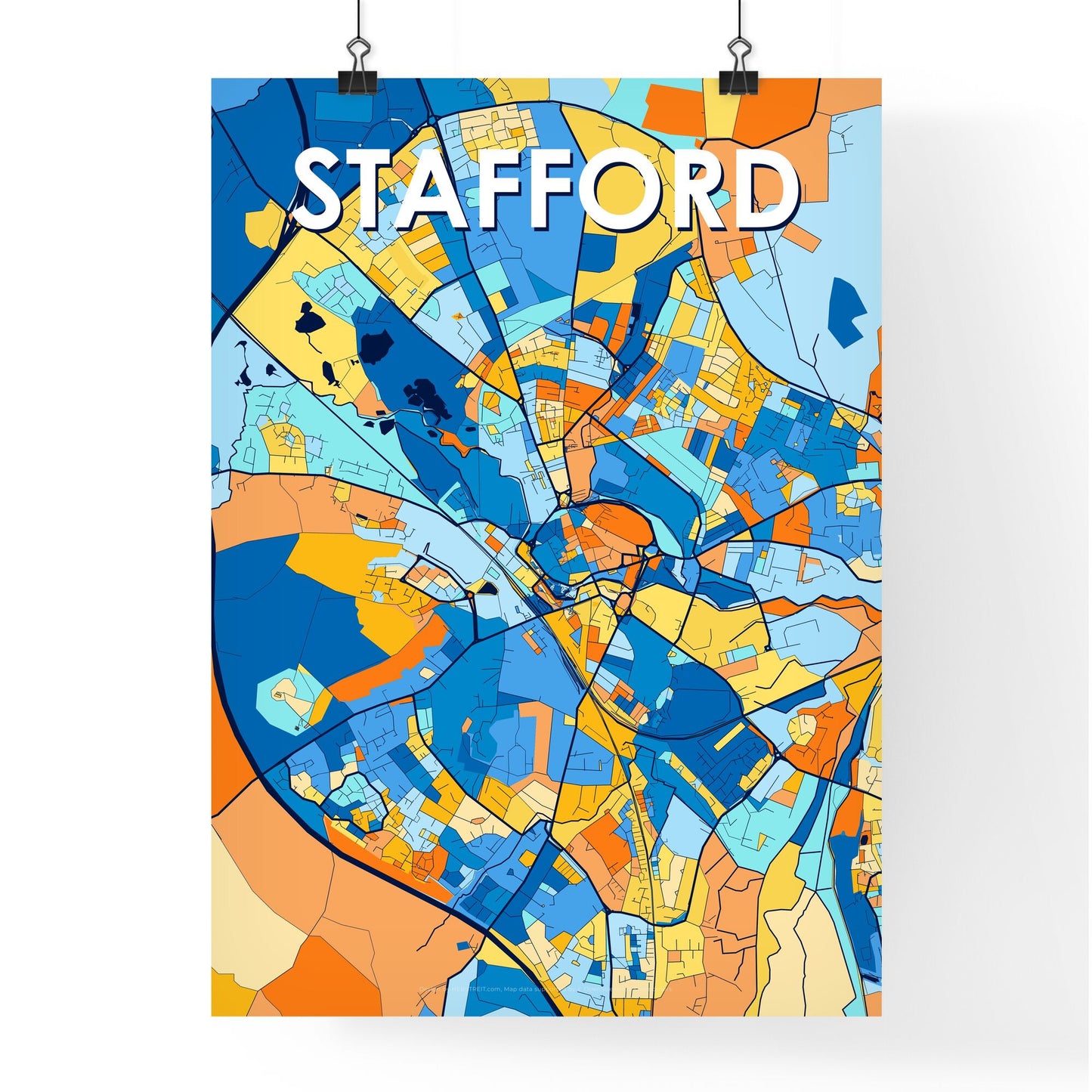 STAFFORD ENGLAND Vibrant Colorful Art Map Poster Blue Orange