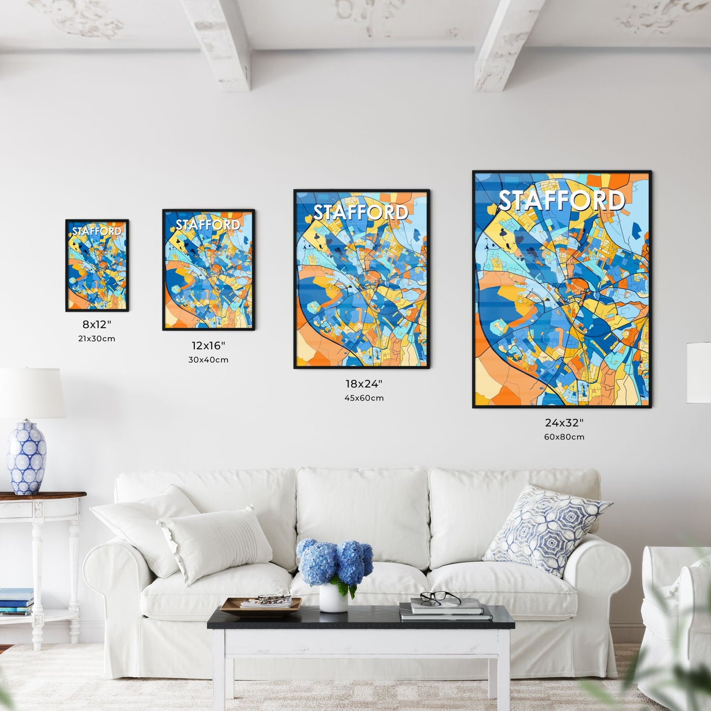 STAFFORD ENGLAND Vibrant Colorful Art Map Poster Blue Orange