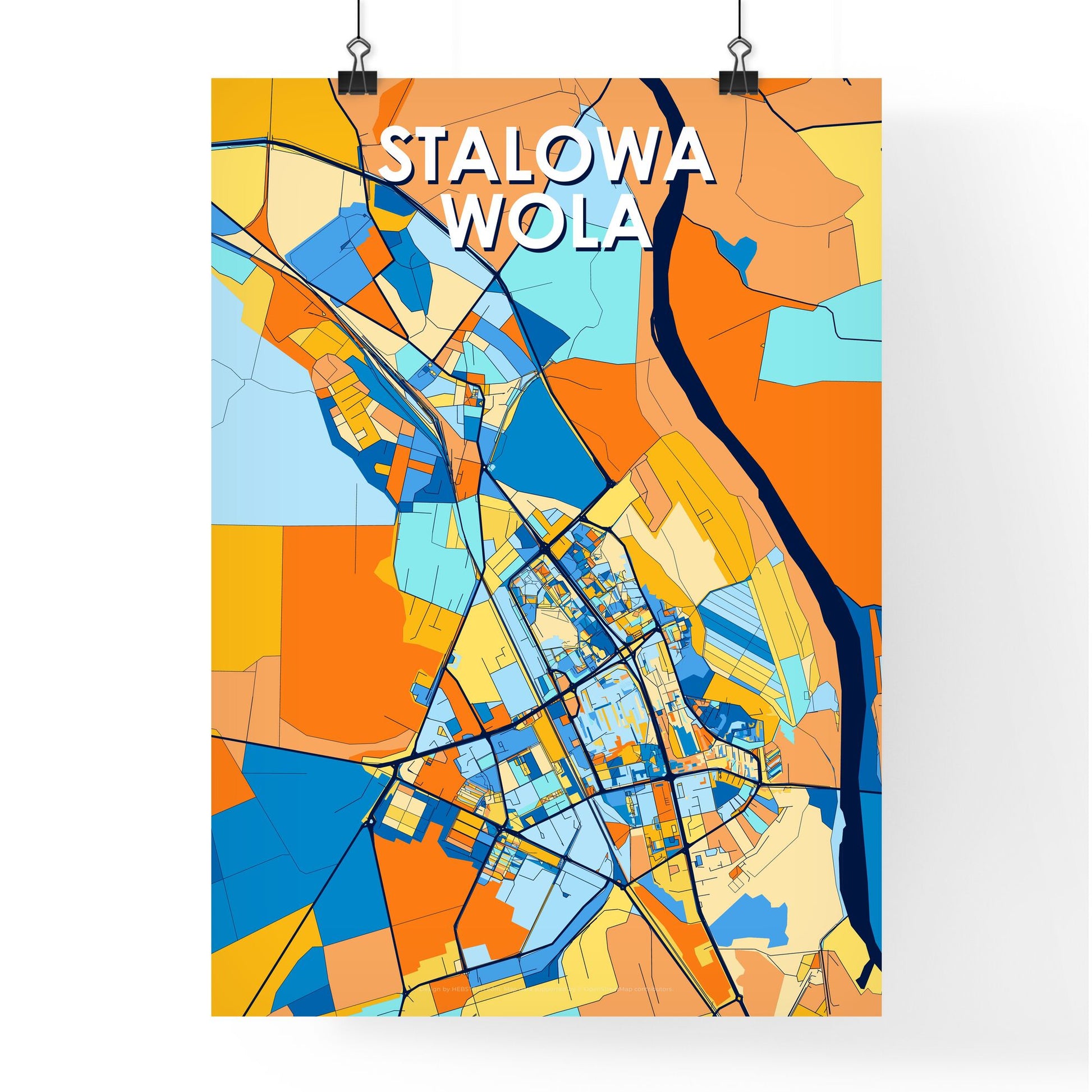 STALOWA WOLA POLAND Vibrant Colorful Art Map Poster Blue Orange