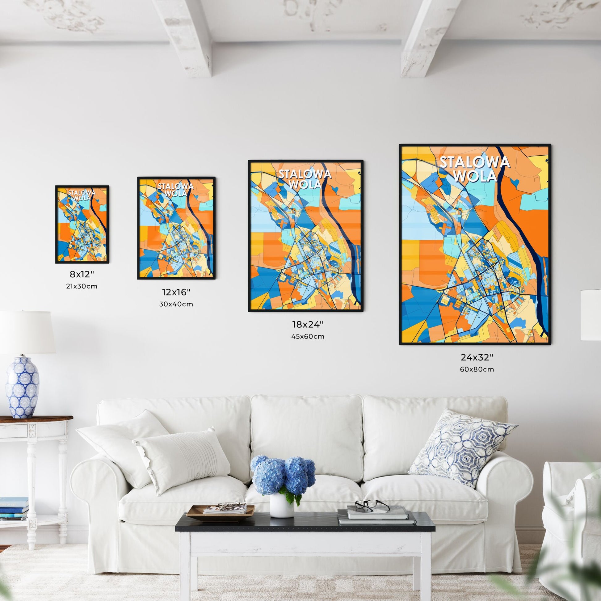 STALOWA WOLA POLAND Vibrant Colorful Art Map Poster Blue Orange