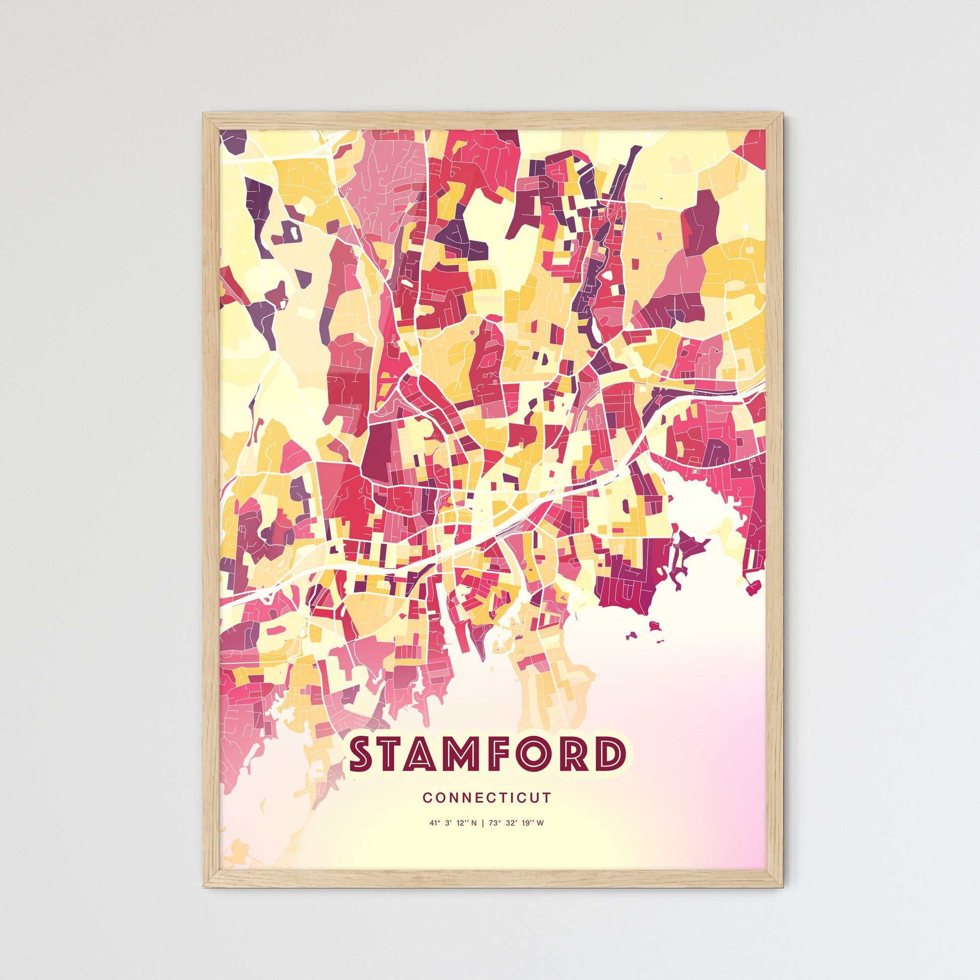 Colorful Stamford Connecticut Fine Art Map Hot Red