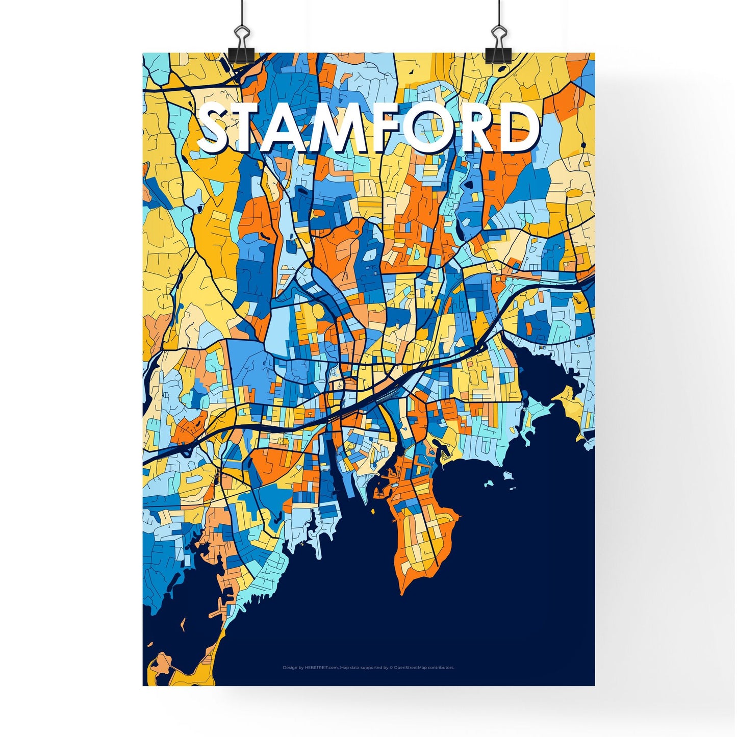 STAMFORD CONNECTICUT Vibrant Colorful Art Map Poster Blue Orange