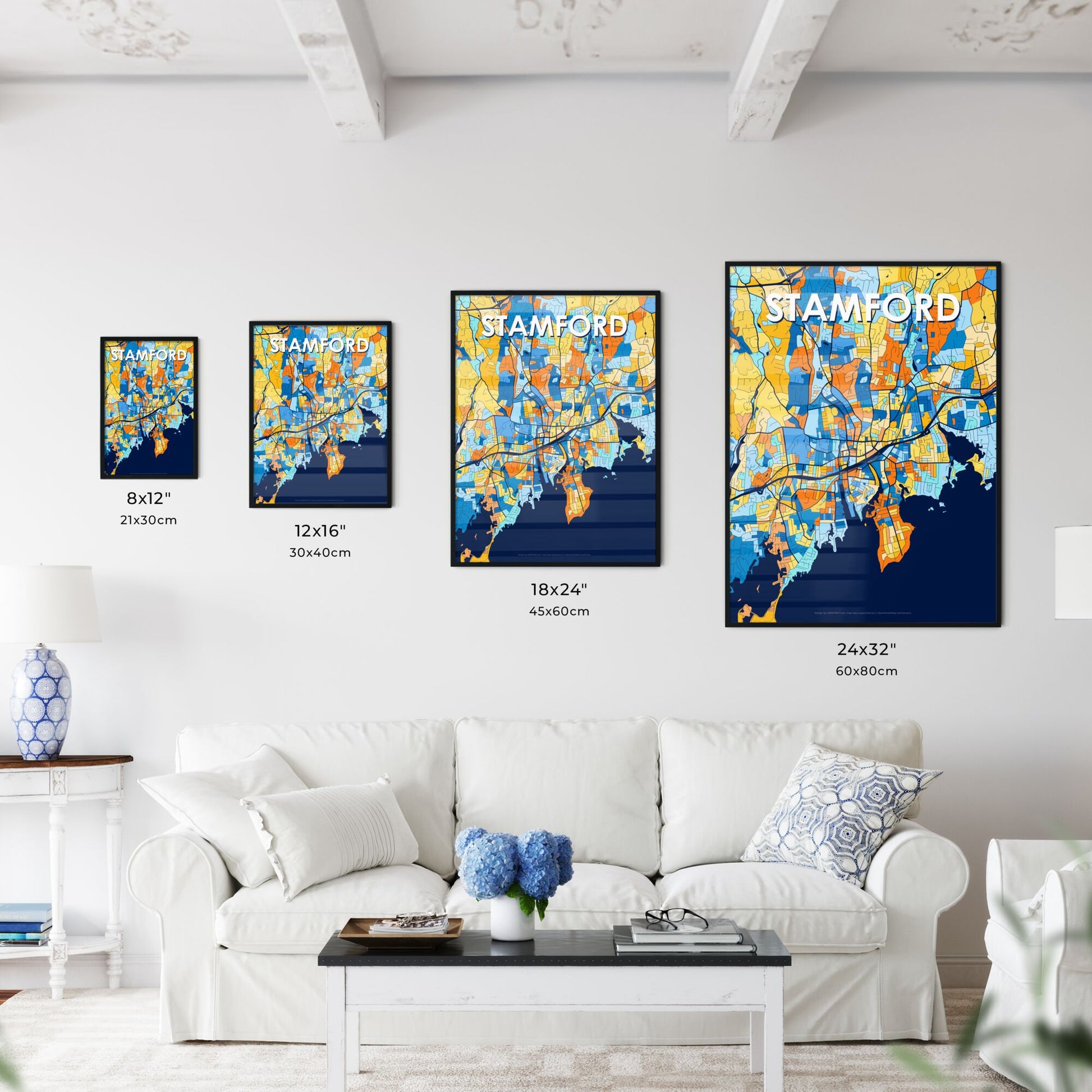 STAMFORD CONNECTICUT Vibrant Colorful Art Map Poster Blue Orange