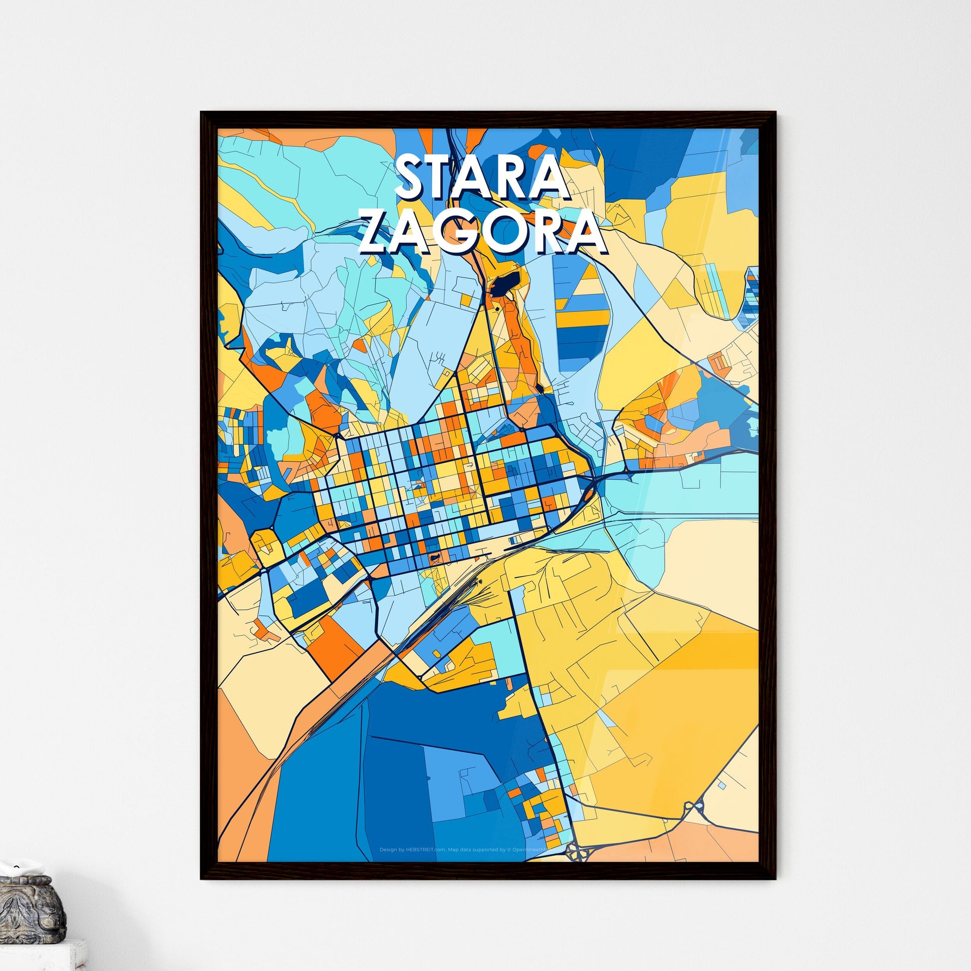 STARA ZAGORA BULGARIA Vibrant Colorful Art Map Poster Blue Orange