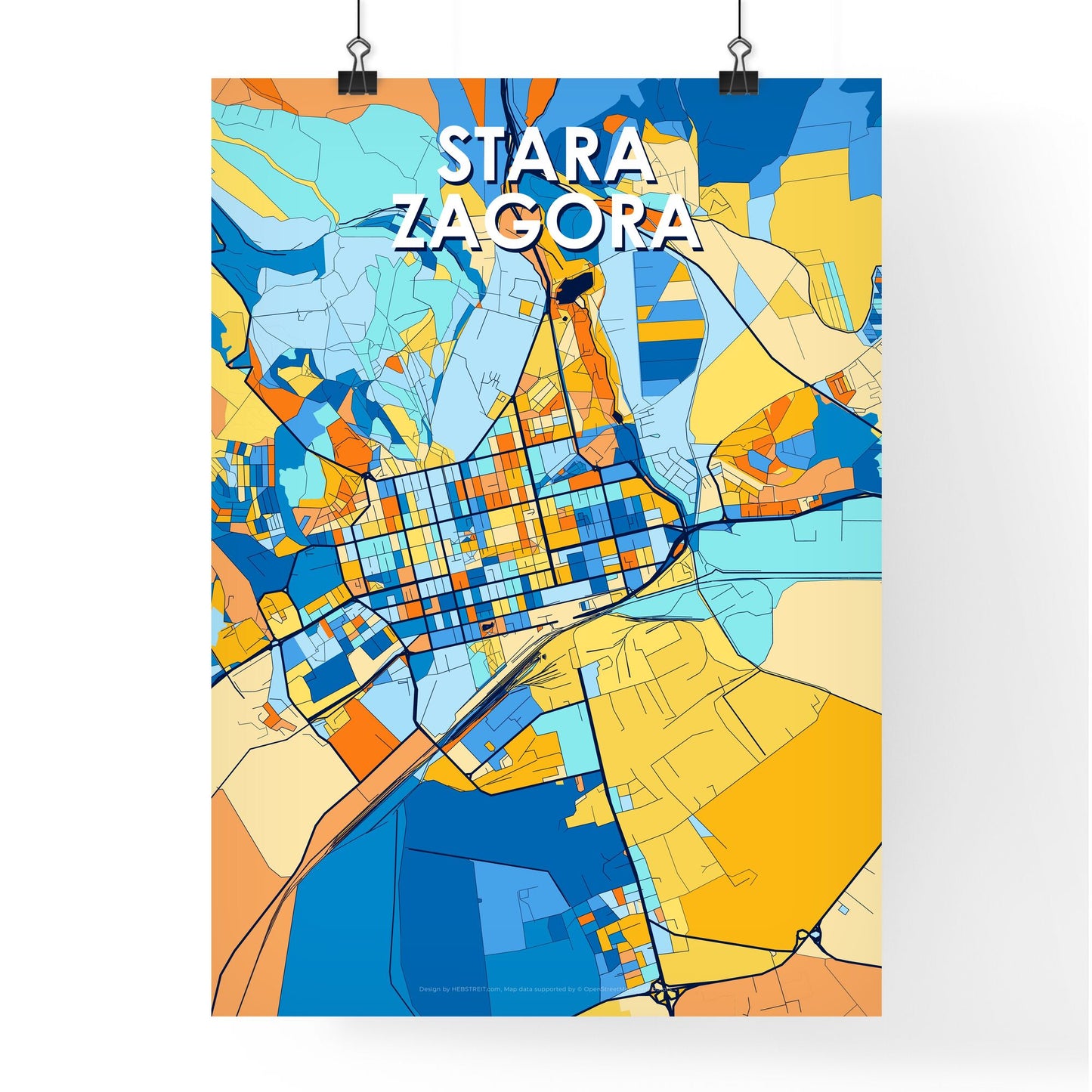 STARA ZAGORA BULGARIA Vibrant Colorful Art Map Poster Blue Orange