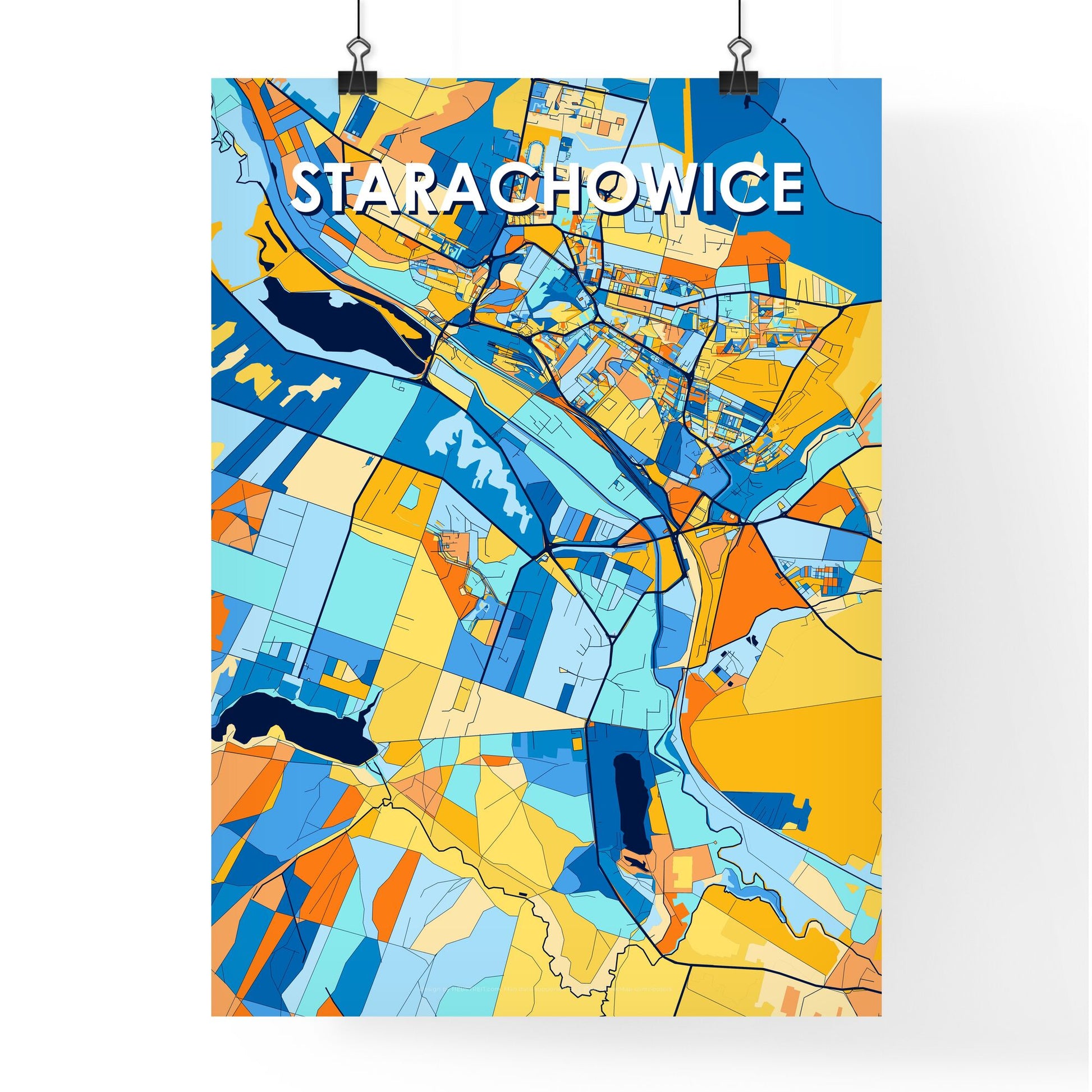 STARACHOWICE POLAND Vibrant Colorful Art Map Poster Blue Orange