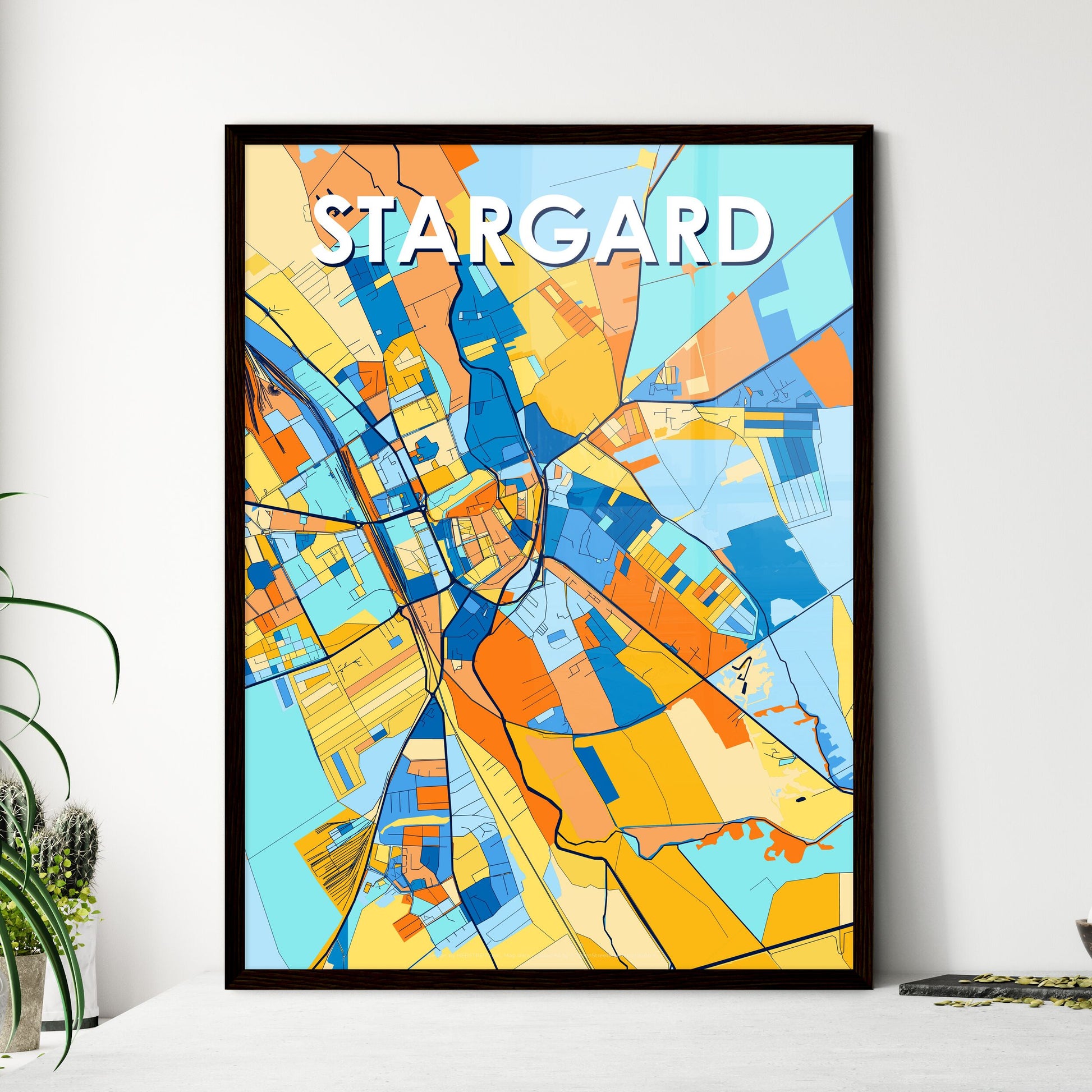 STARGARD POLAND Vibrant Colorful Art Map Poster Blue Orange