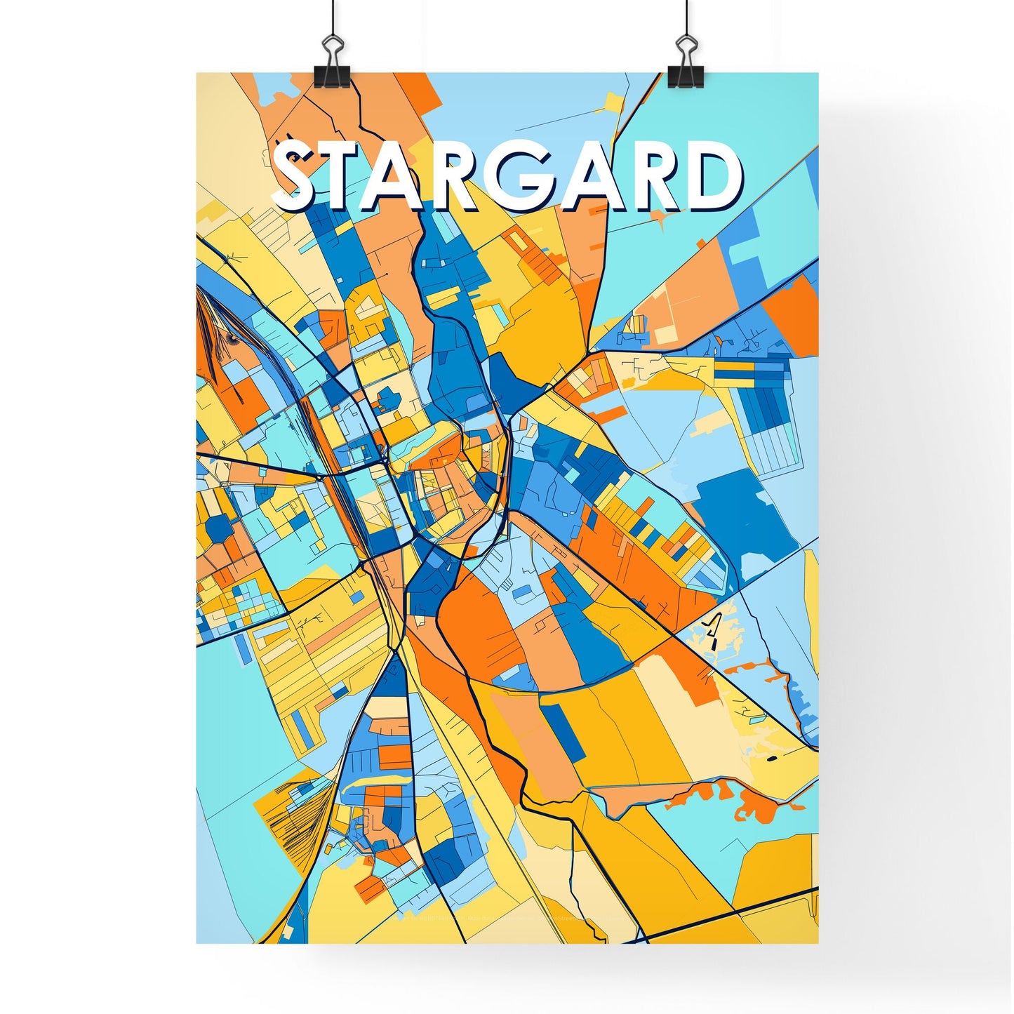 STARGARD POLAND Vibrant Colorful Art Map Poster Blue Orange