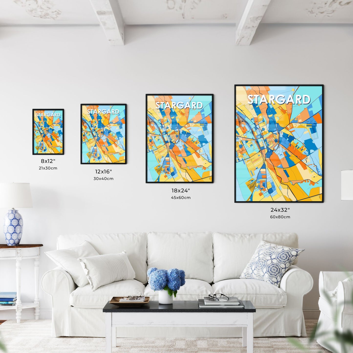 STARGARD POLAND Vibrant Colorful Art Map Poster Blue Orange