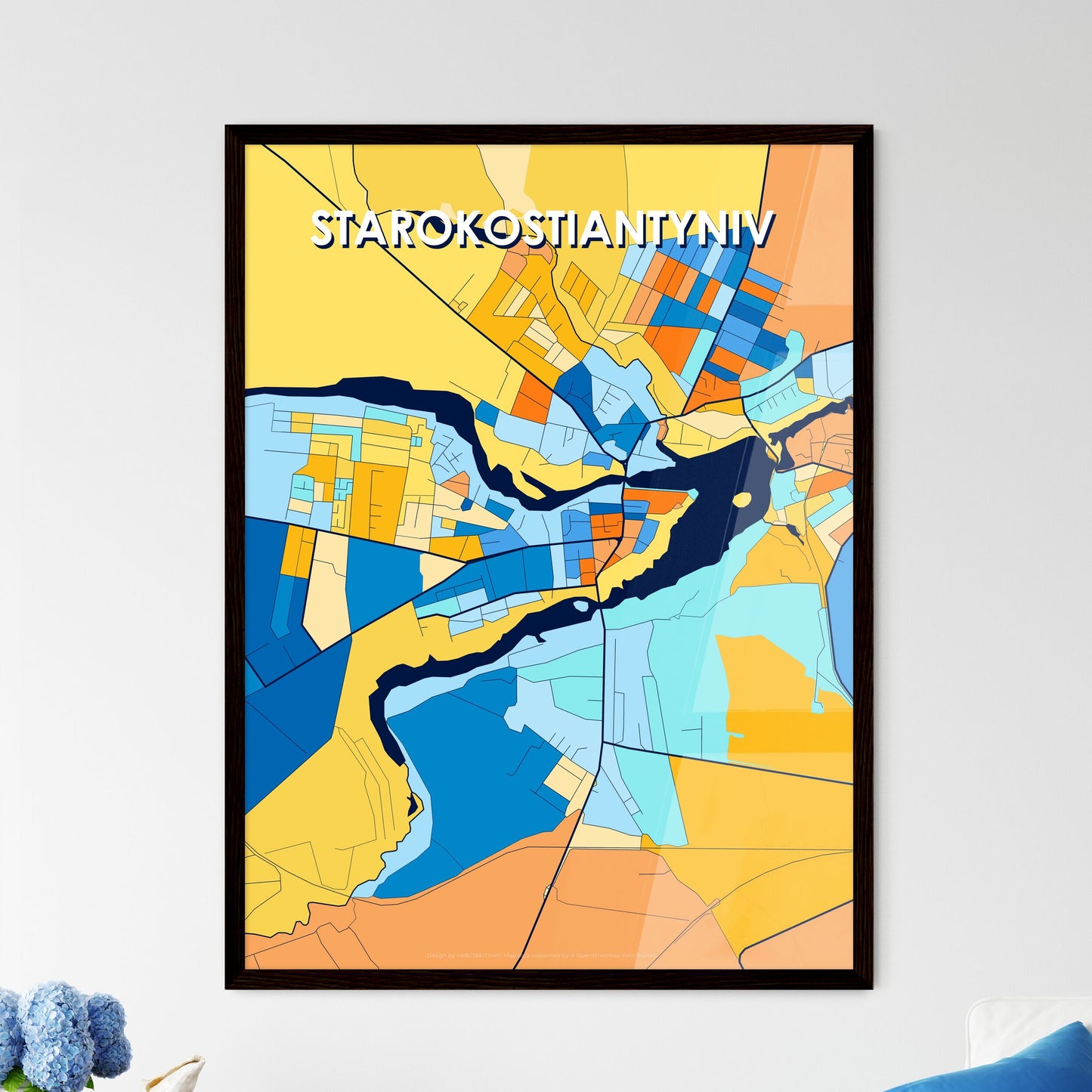 STAROKOSTIANTYNIV UKRAINE Vibrant Colorful Art Map Poster Blue Orange