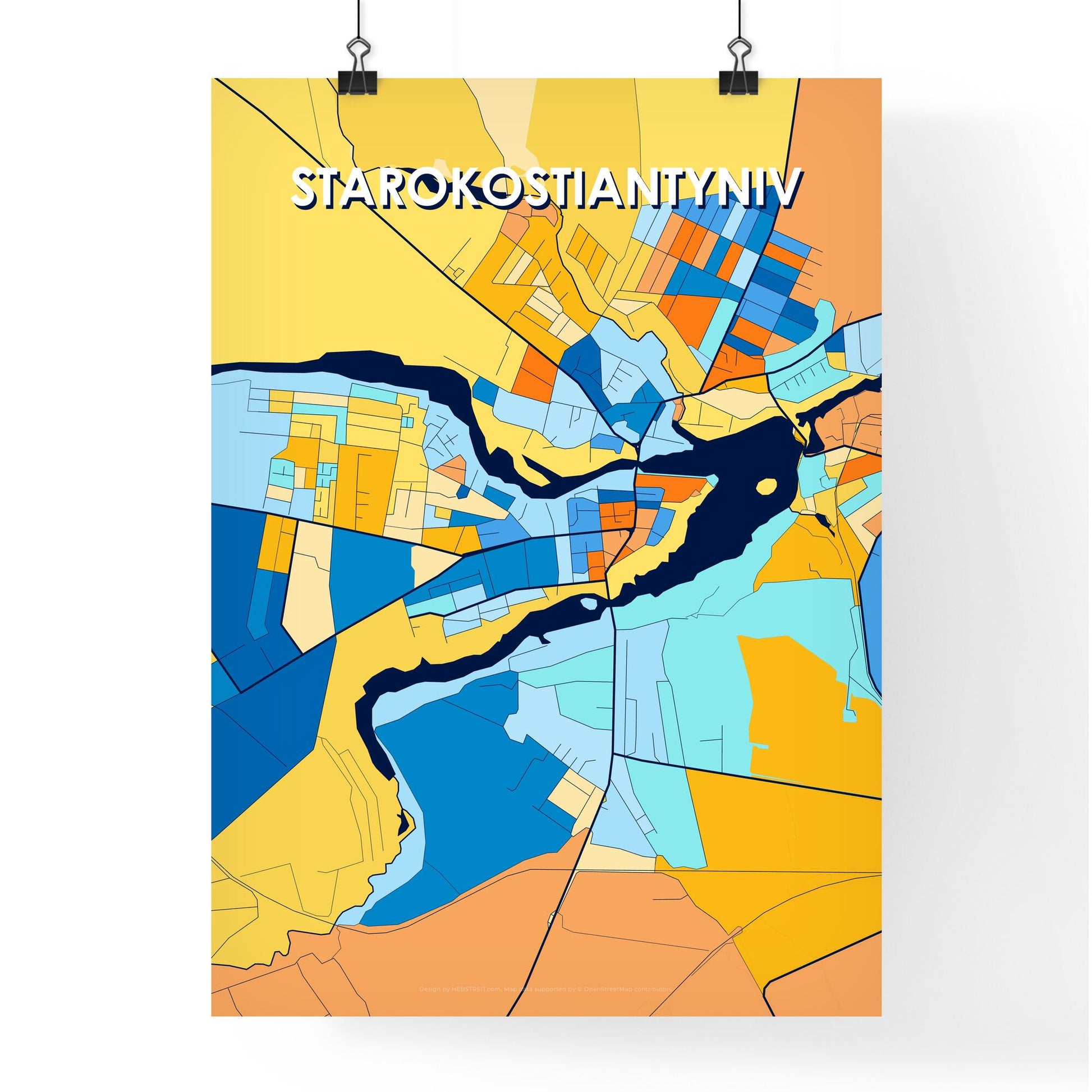 STAROKOSTIANTYNIV UKRAINE Vibrant Colorful Art Map Poster Blue Orange