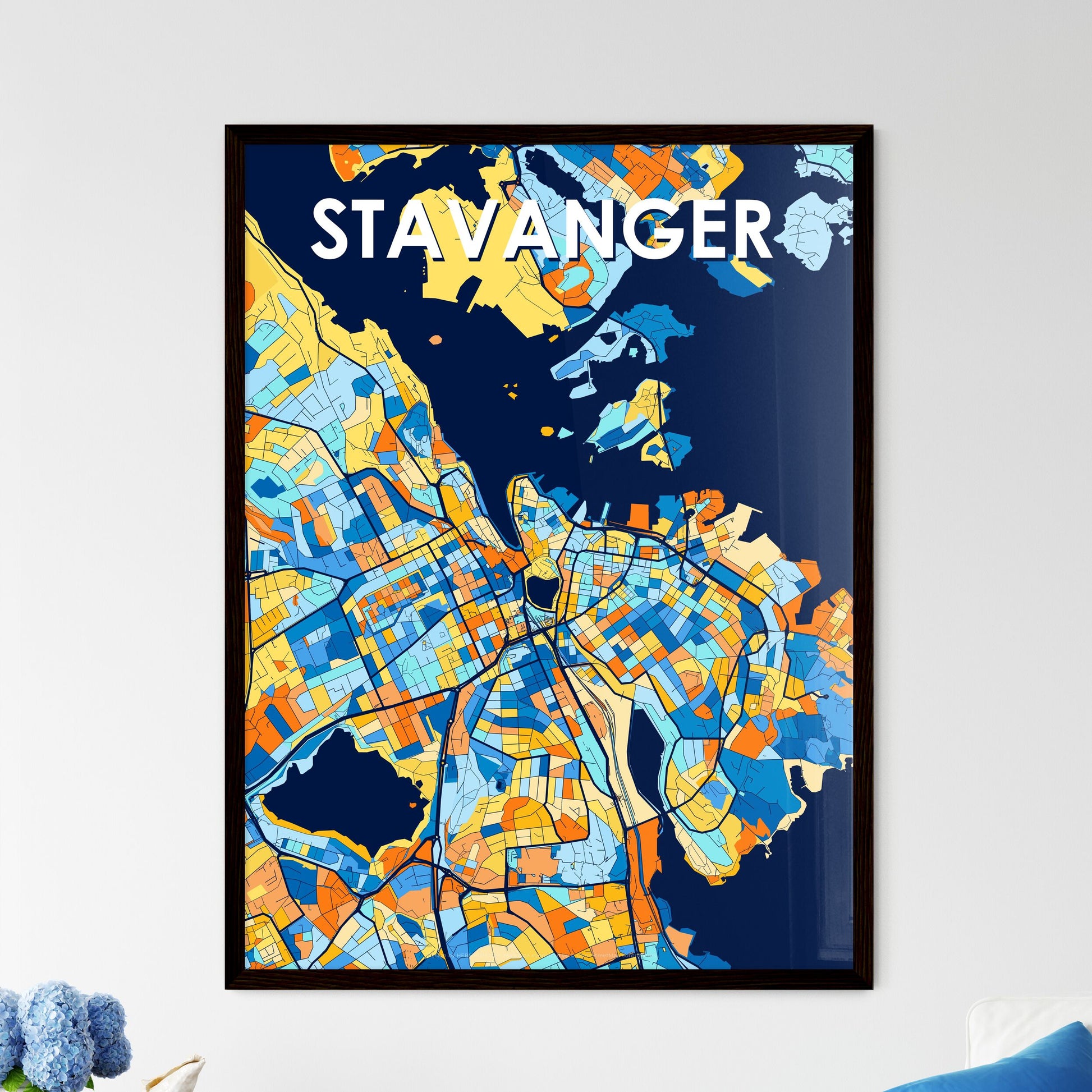 STAVANGER NORWAY Vibrant Colorful Art Map Poster Blue Orange