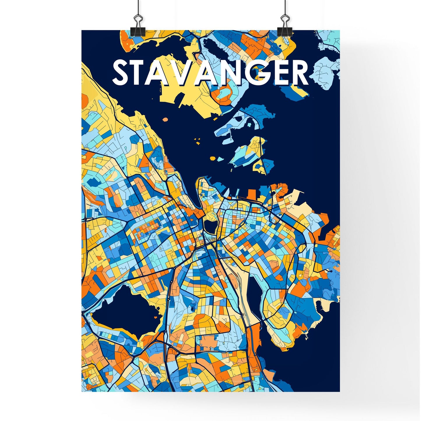 STAVANGER NORWAY Vibrant Colorful Art Map Poster Blue Orange