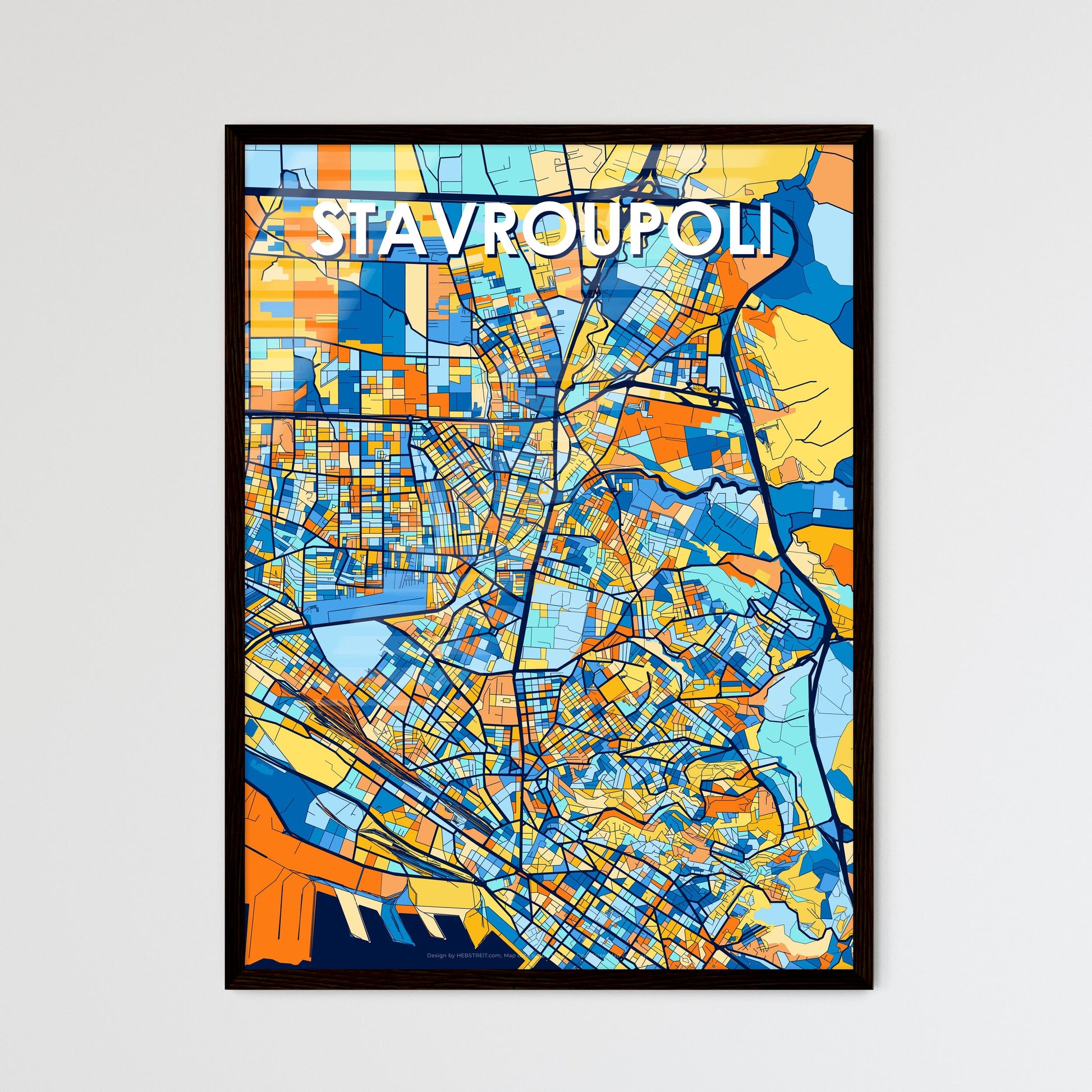 STAVROUPOLI GREECE Vibrant Colorful Art Map Poster Blue Orange