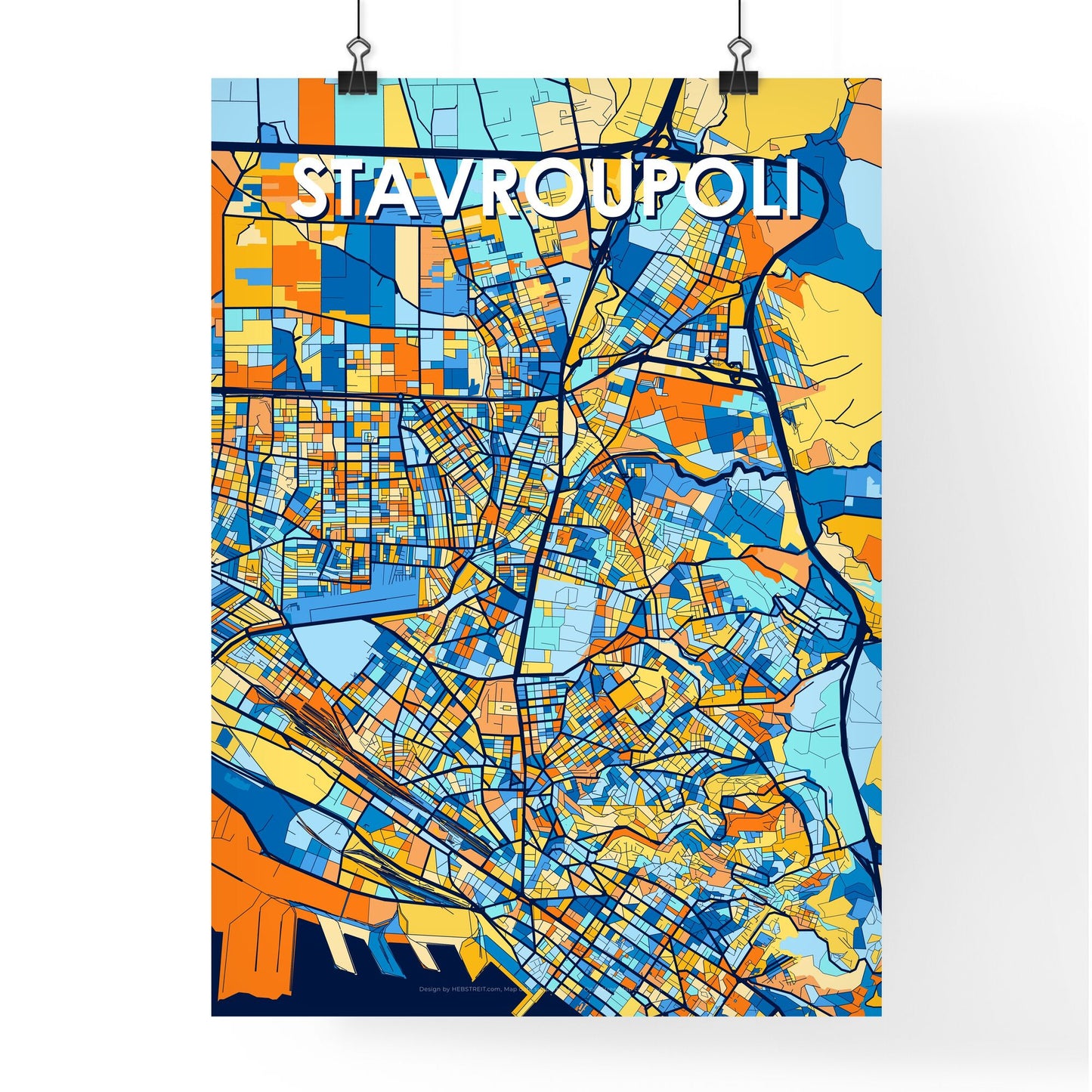 STAVROUPOLI GREECE Vibrant Colorful Art Map Poster Blue Orange