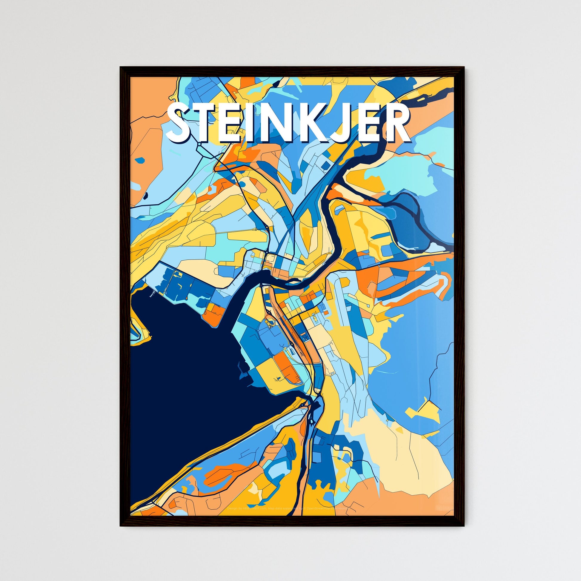 STEINKJER NORWAY Vibrant Colorful Art Map Poster Blue Orange