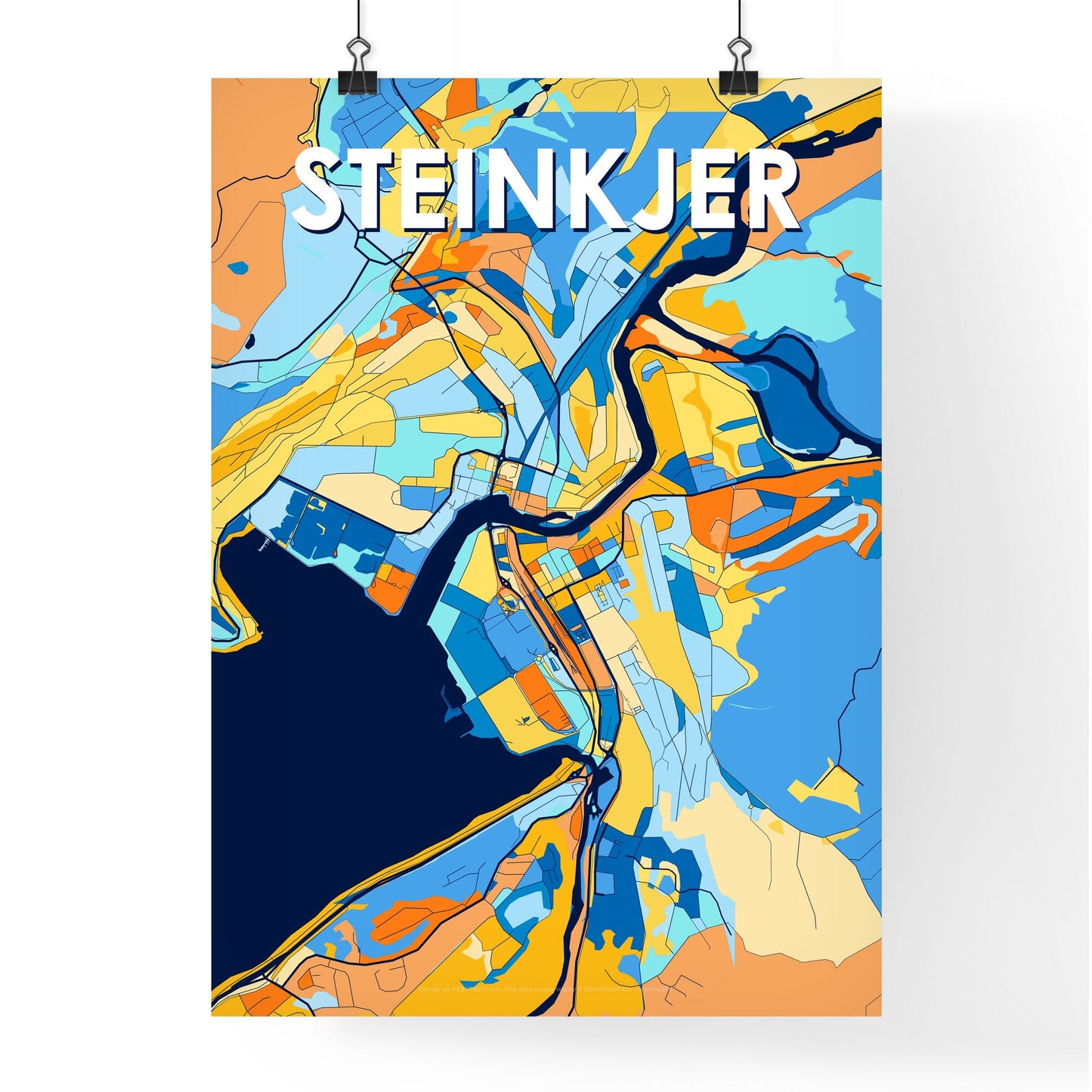 STEINKJER NORWAY Vibrant Colorful Art Map Poster Blue Orange