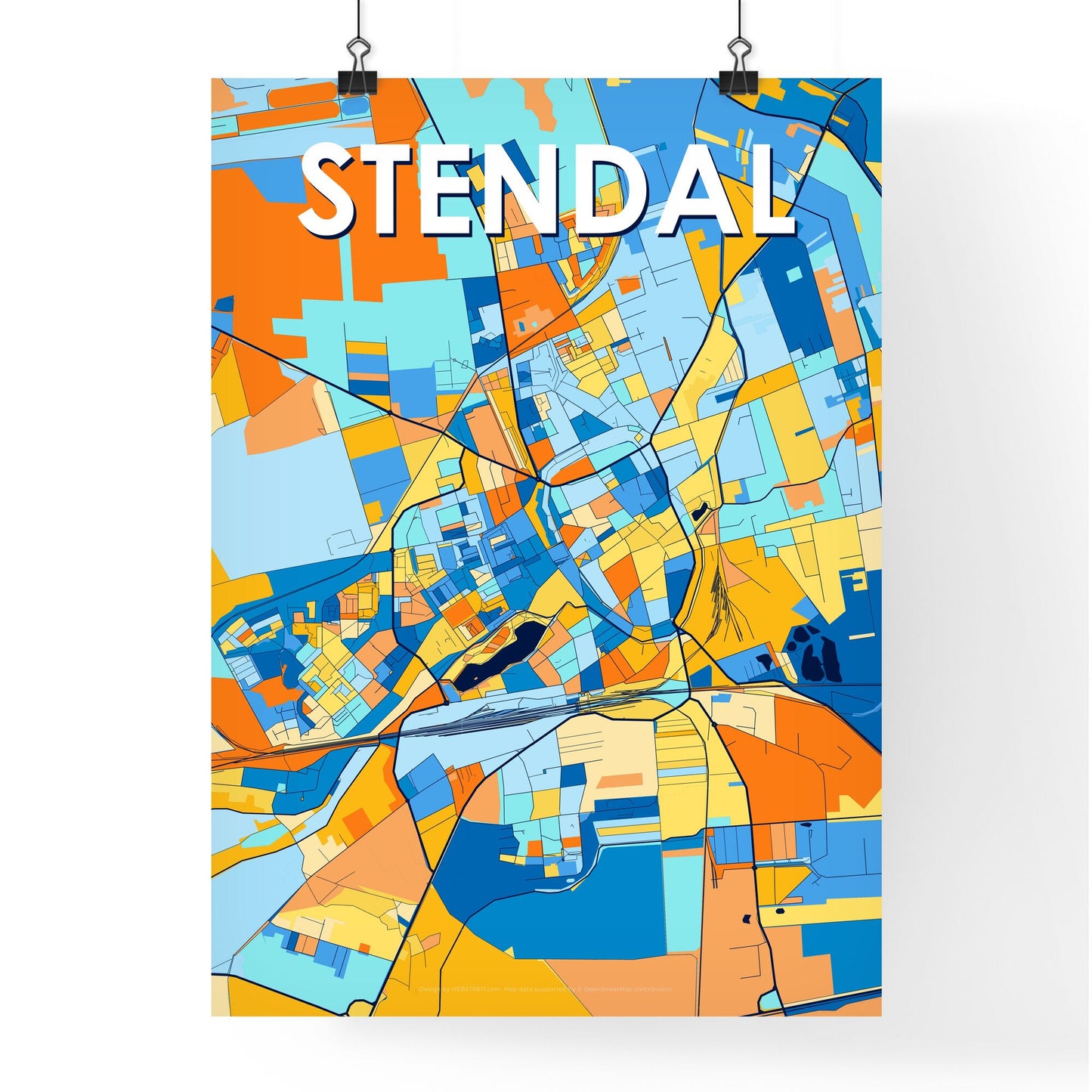 STENDAL GERMANY Vibrant Colorful Art Map Poster Blue Orange