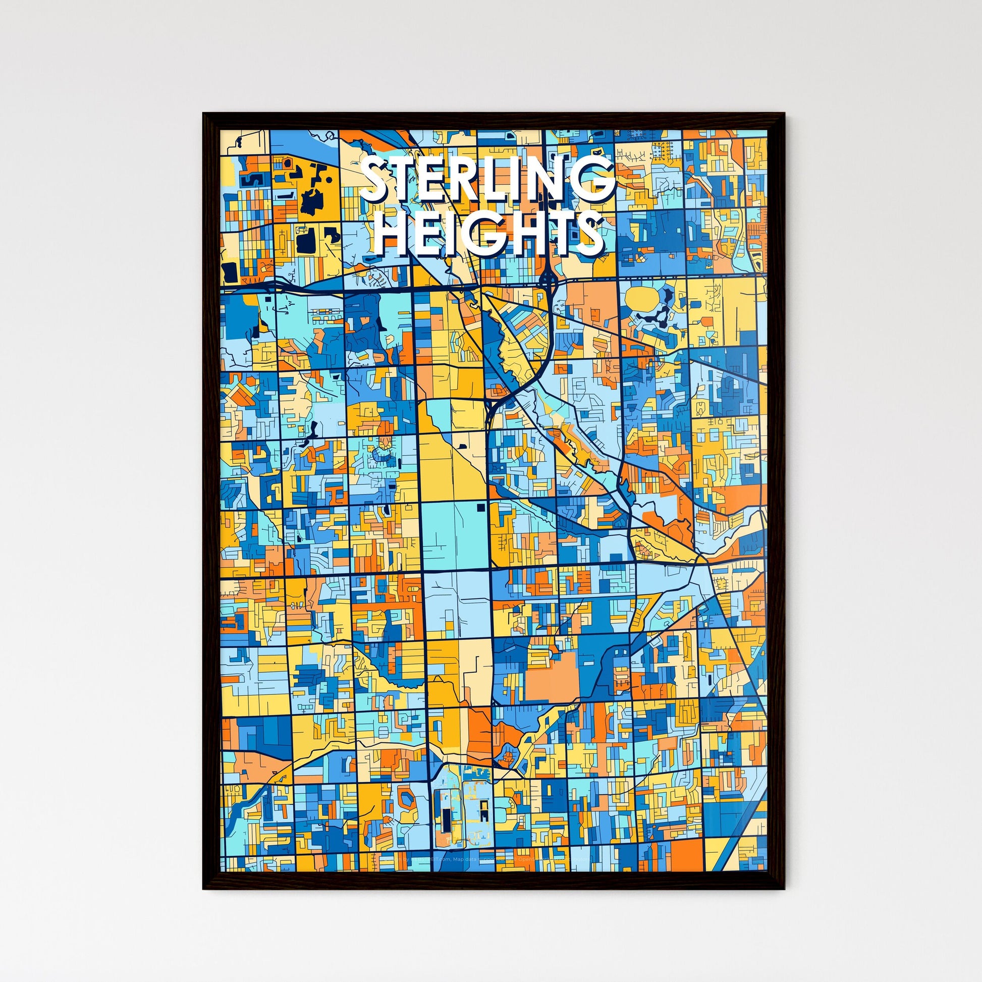 STERLING HEIGHTS MICHIGAN Vibrant Colorful Art Map Poster Blue Orange