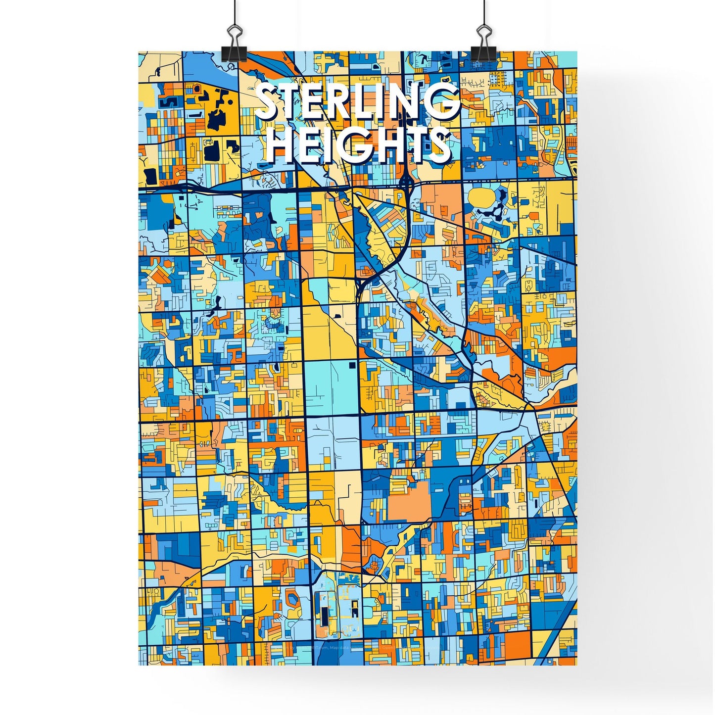 STERLING HEIGHTS MICHIGAN Vibrant Colorful Art Map Poster Blue Orange