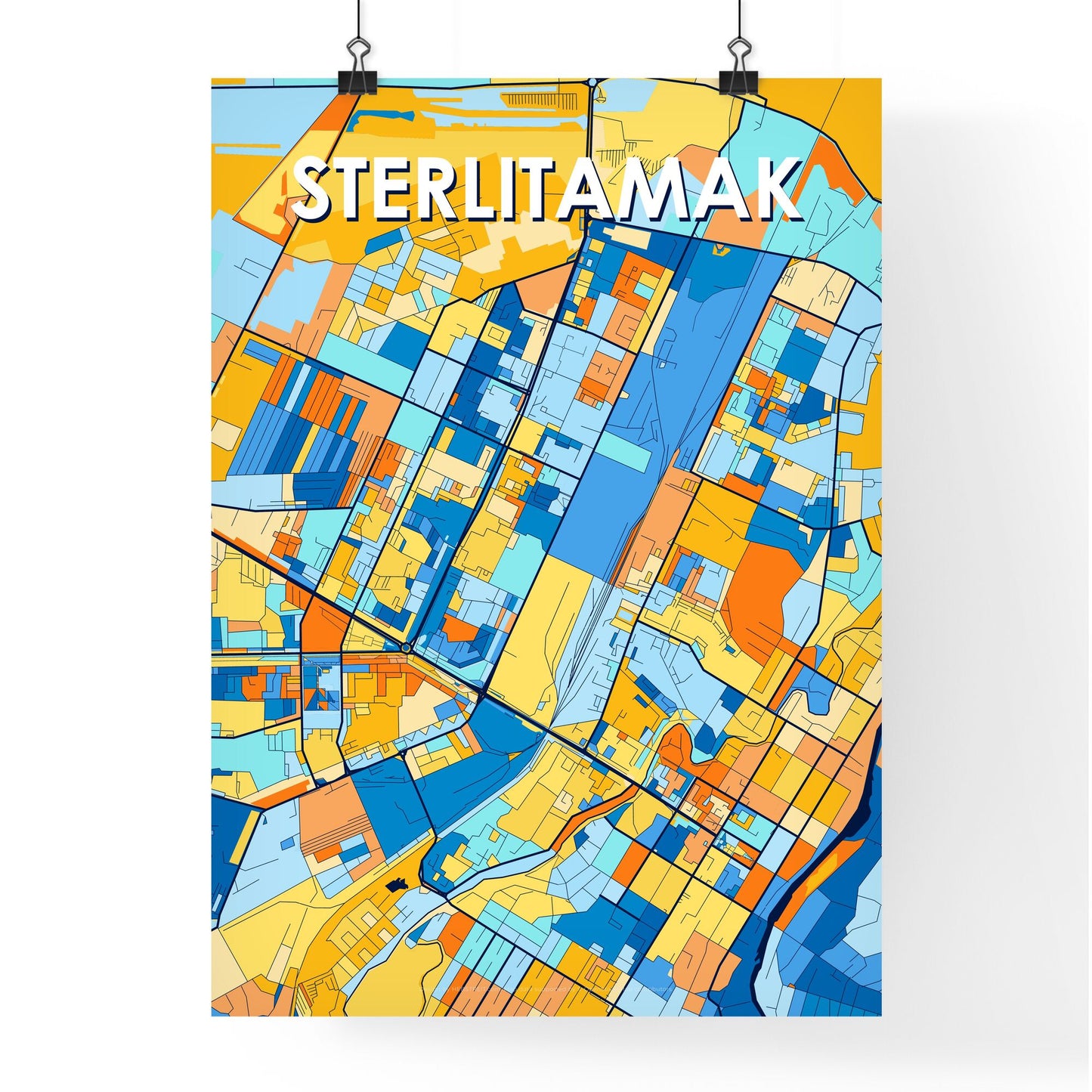 STERLITAMAK RUSSIA Vibrant Colorful Art Map Poster Blue Orange