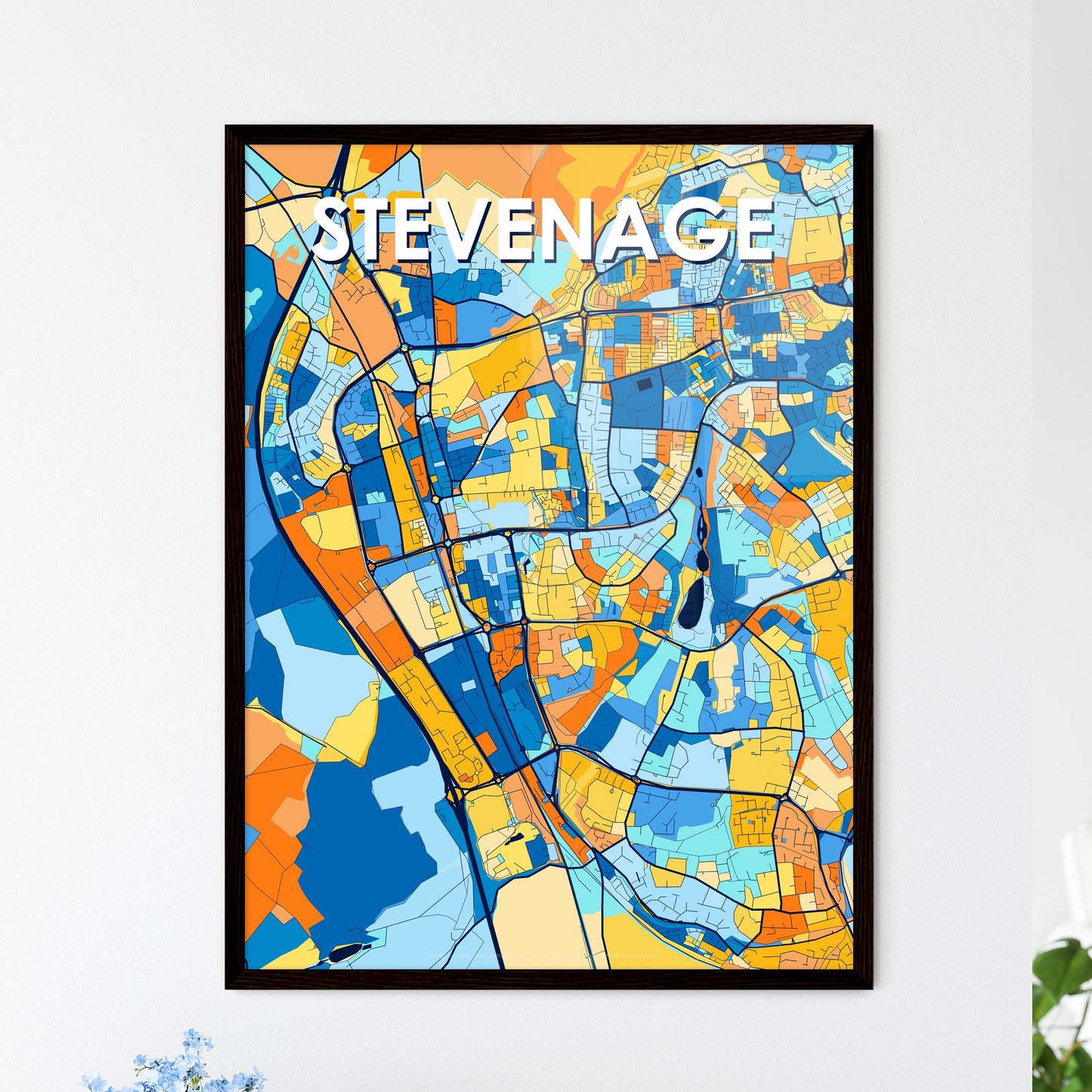 STEVENAGE ENGLAND Vibrant Colorful Art Map Poster Blue Orange