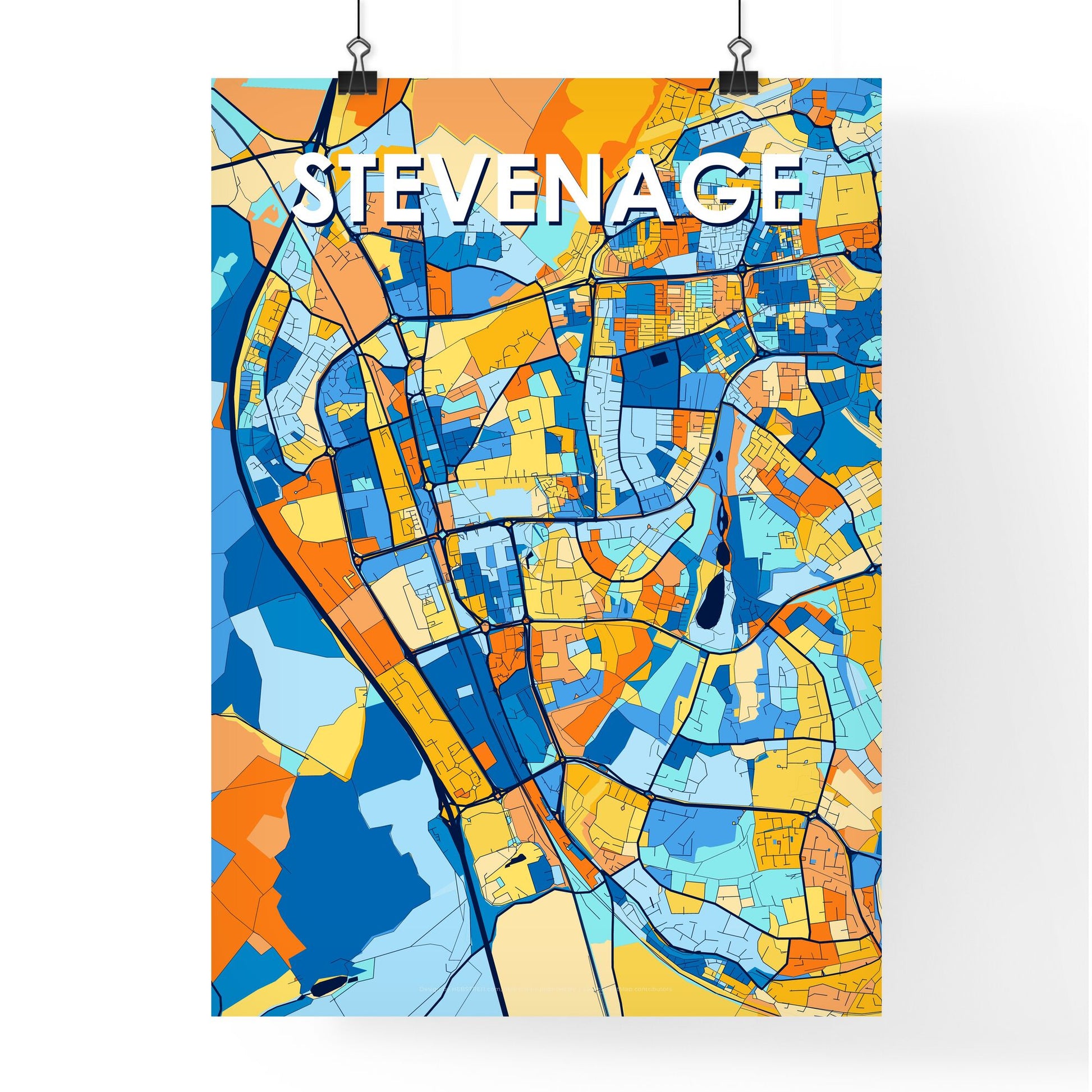 STEVENAGE ENGLAND Vibrant Colorful Art Map Poster Blue Orange