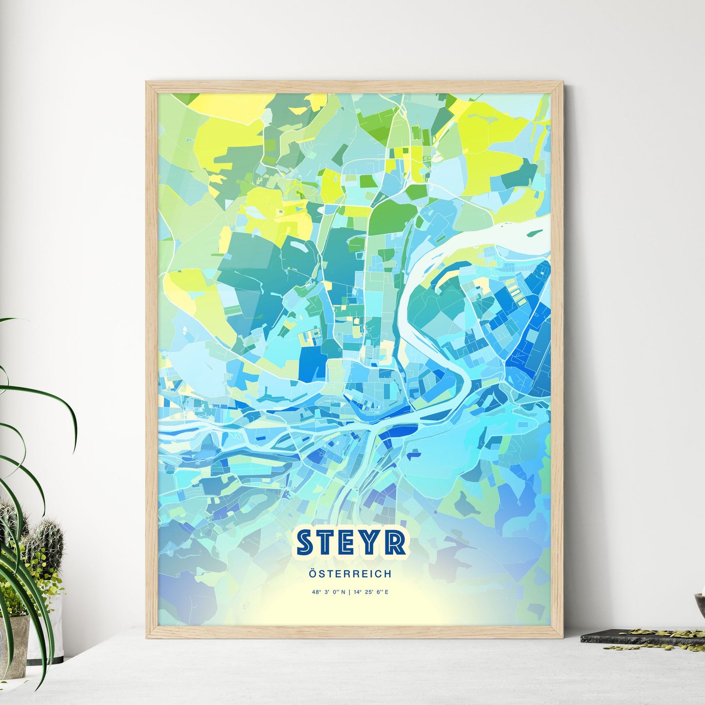 Colorful Steyr Austria Fine Art Map Cool Blue