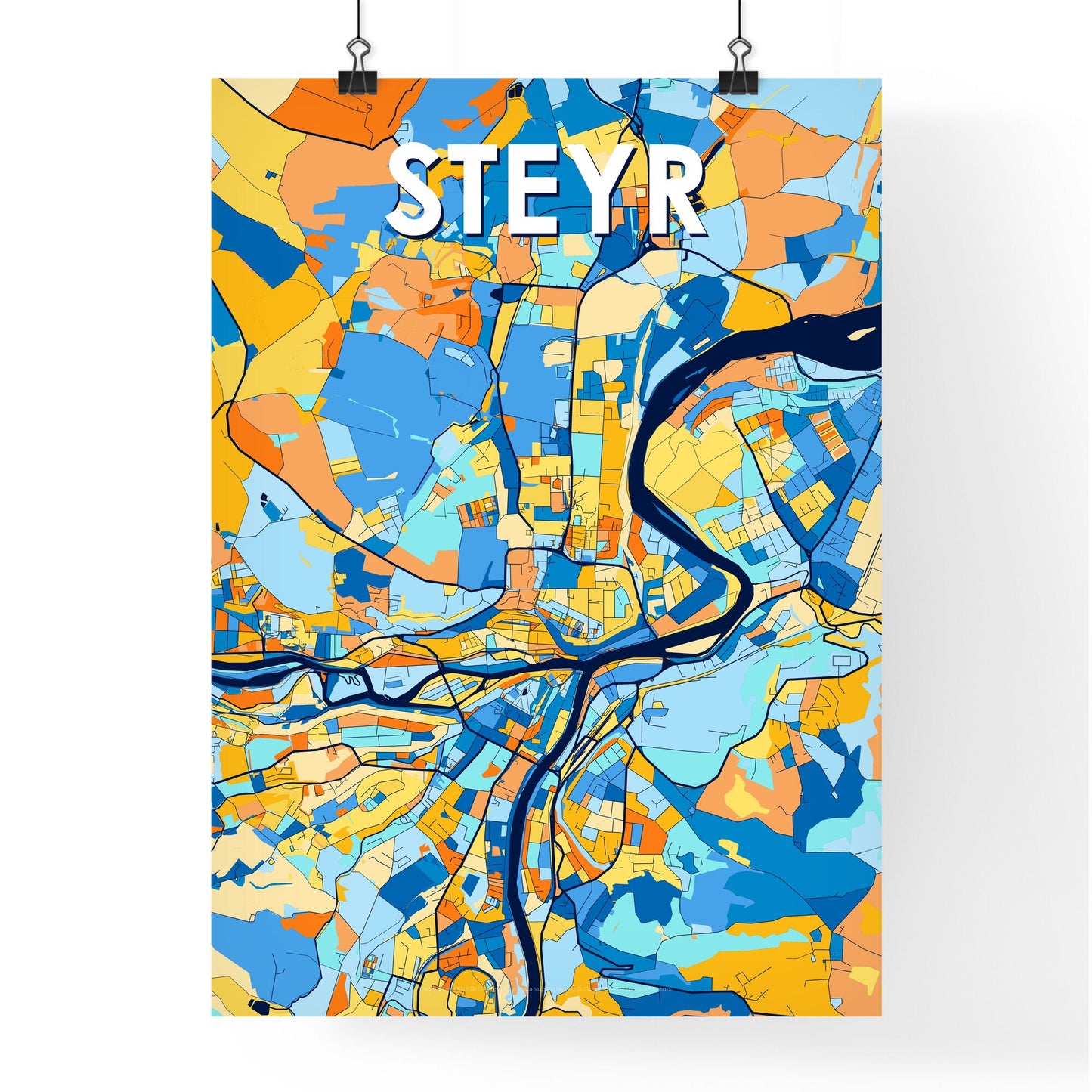 STEYR AUSTRIA Vibrant Colorful Art Map Poster Blue Orange