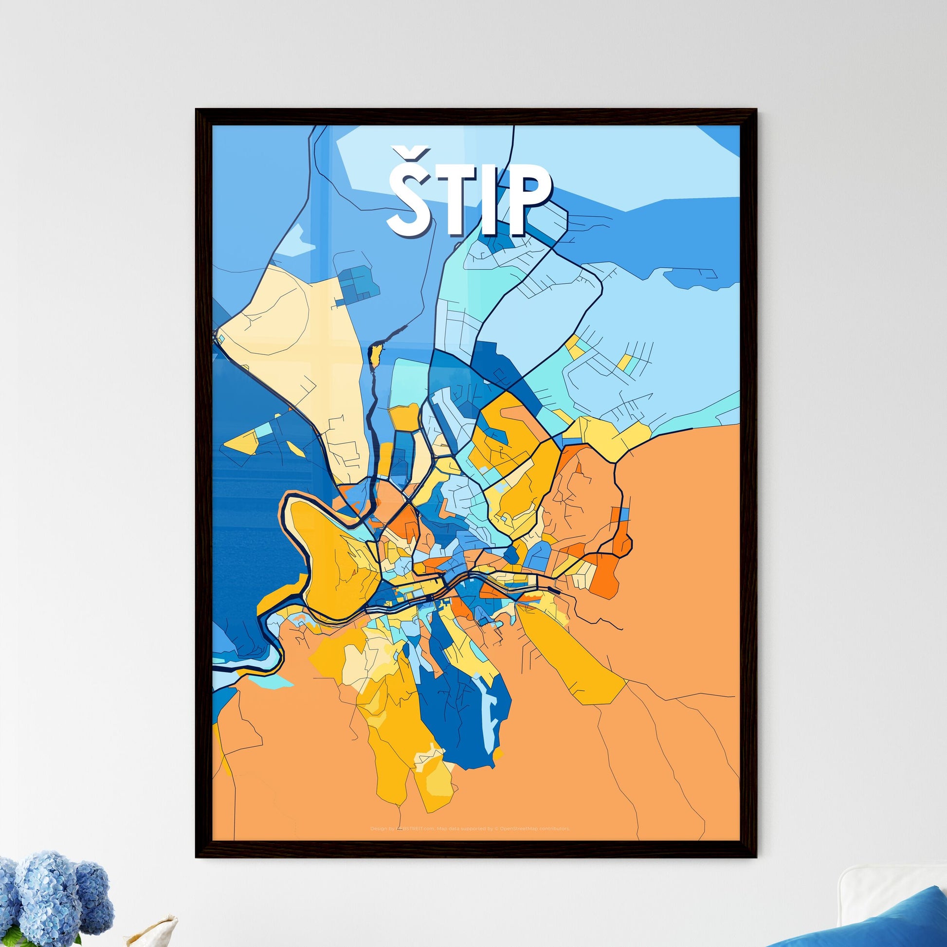 ŠTIP NORTH MACEDONIA Vibrant Colorful Art Map Poster Blue Orange