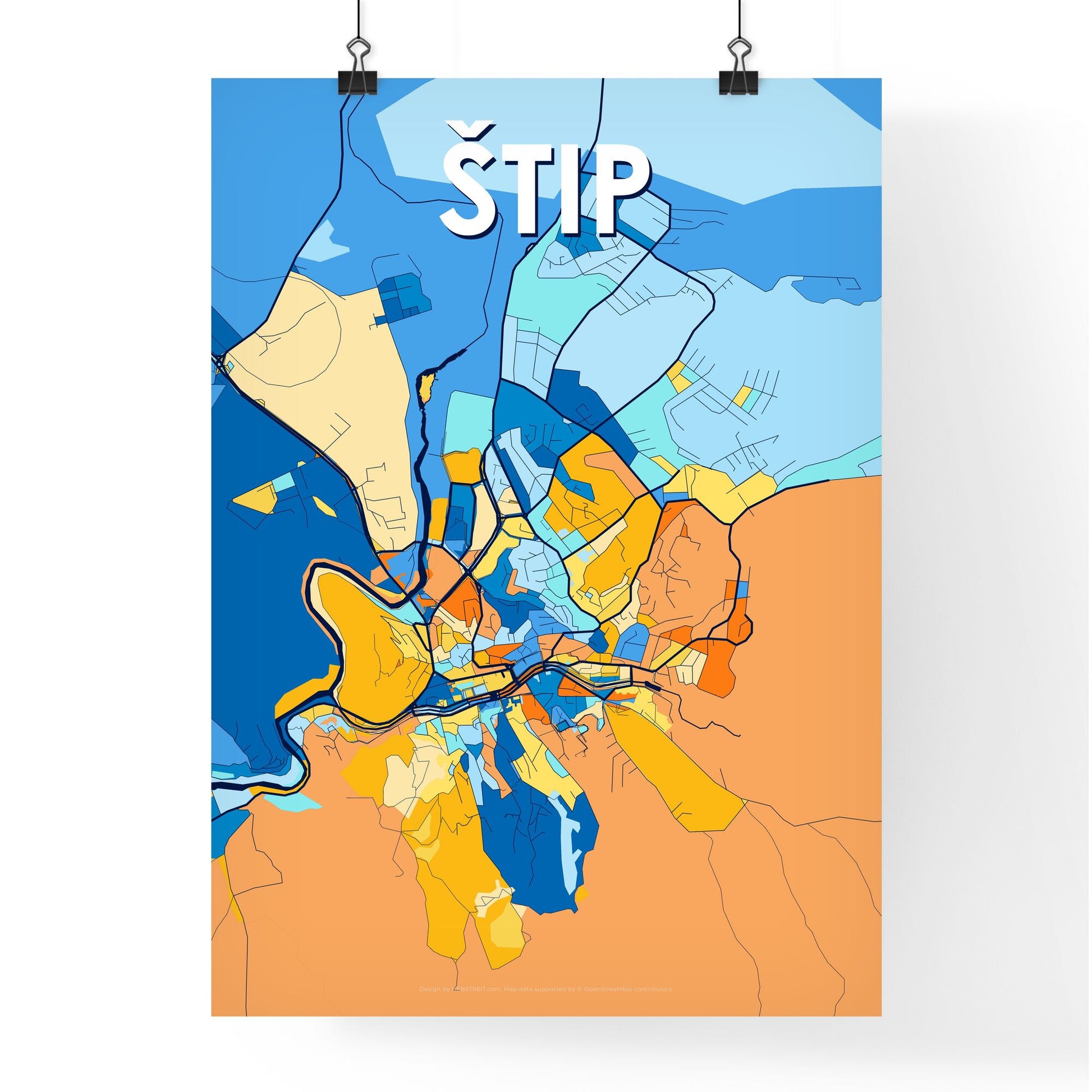 ŠTIP NORTH MACEDONIA Vibrant Colorful Art Map Poster Blue Orange