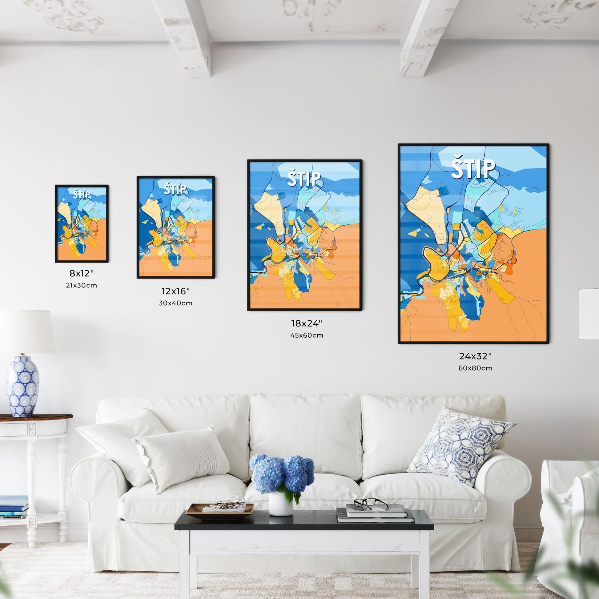 ŠTIP NORTH MACEDONIA Vibrant Colorful Art Map Poster Blue Orange