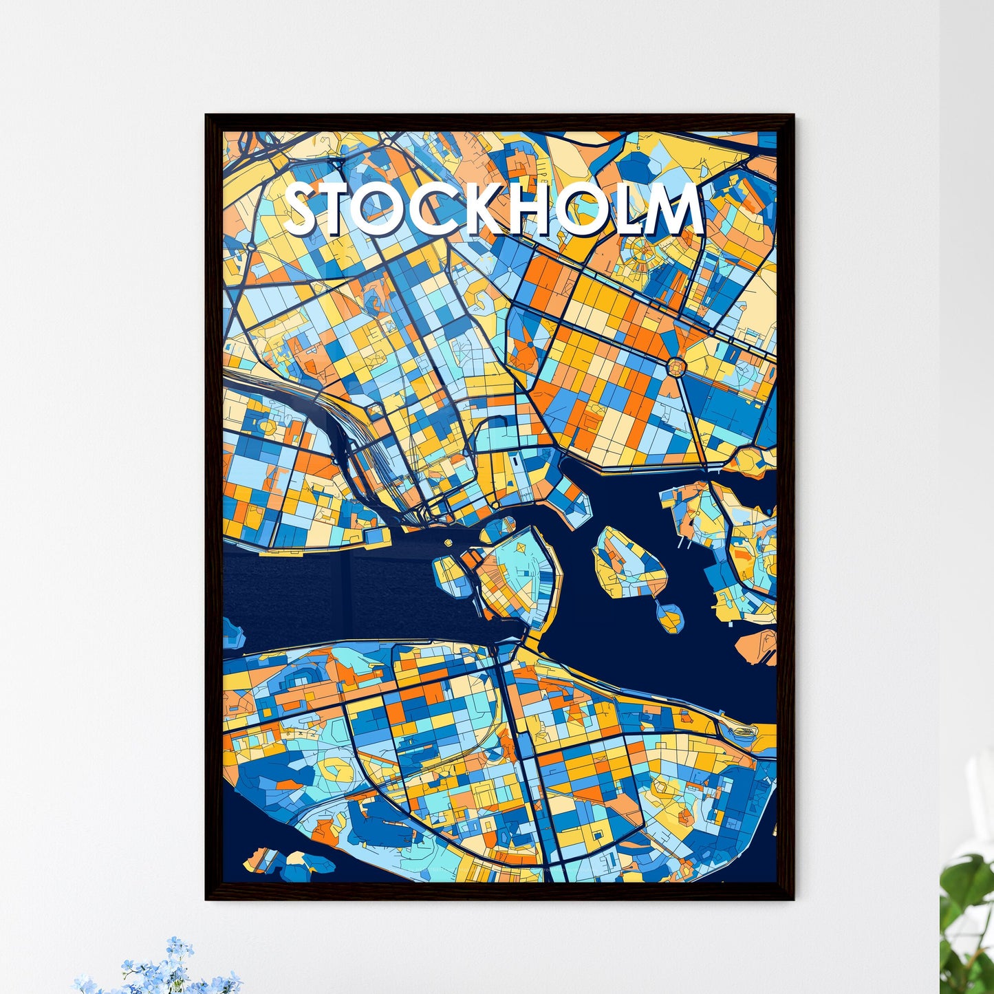 STOCKHOLM SWEDEN Vibrant Colorful Art Map Poster Blue Orange